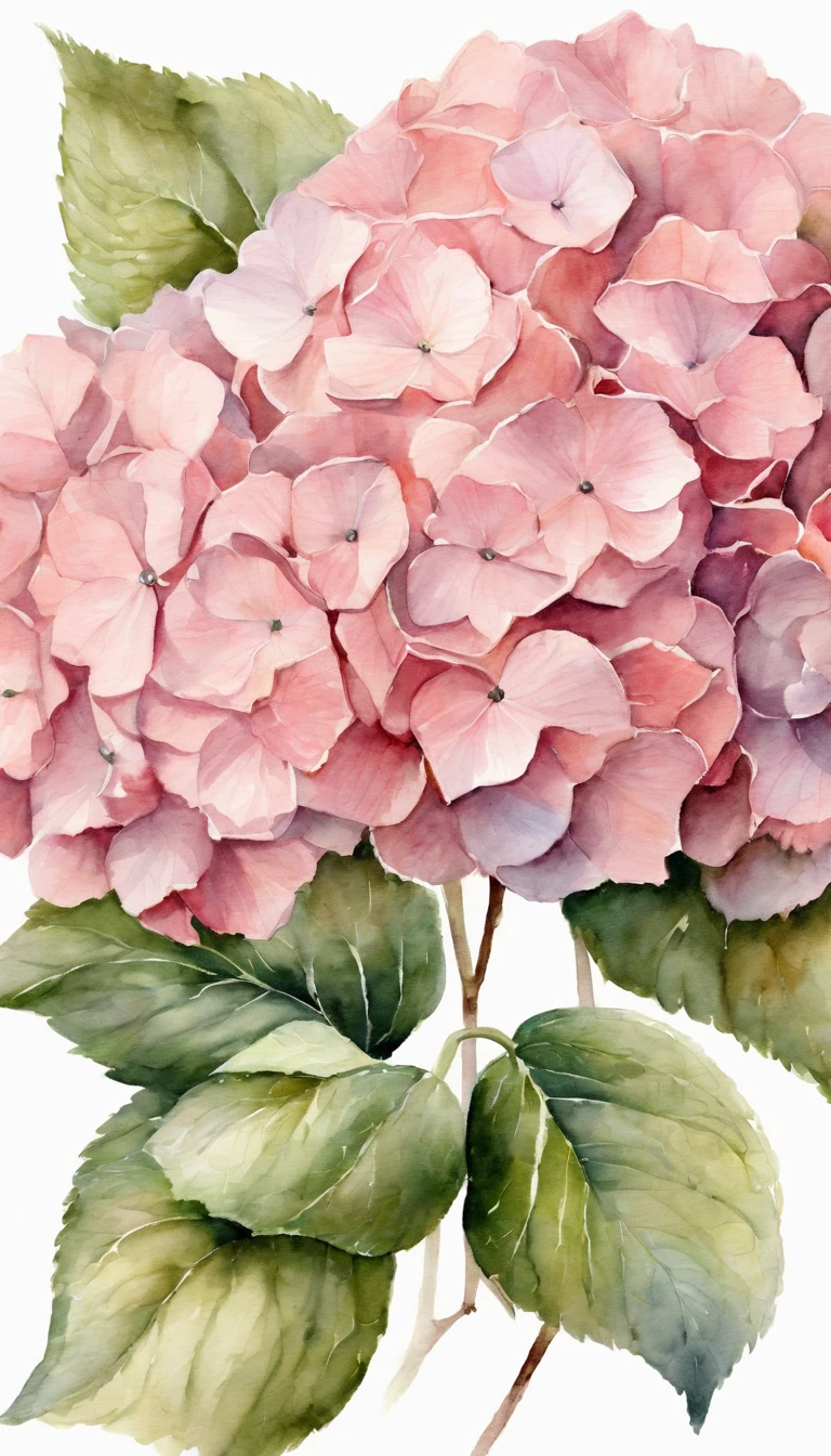 blush pink hydrangeas, white background, (best quality), masterpiece, extremely detailed