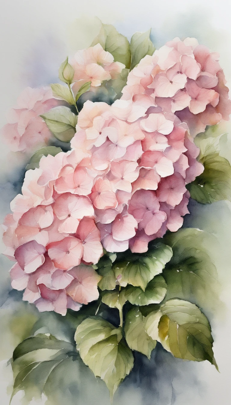 blush pink hydrangeas, white background, (best quality), masterpiece, extremely detailed