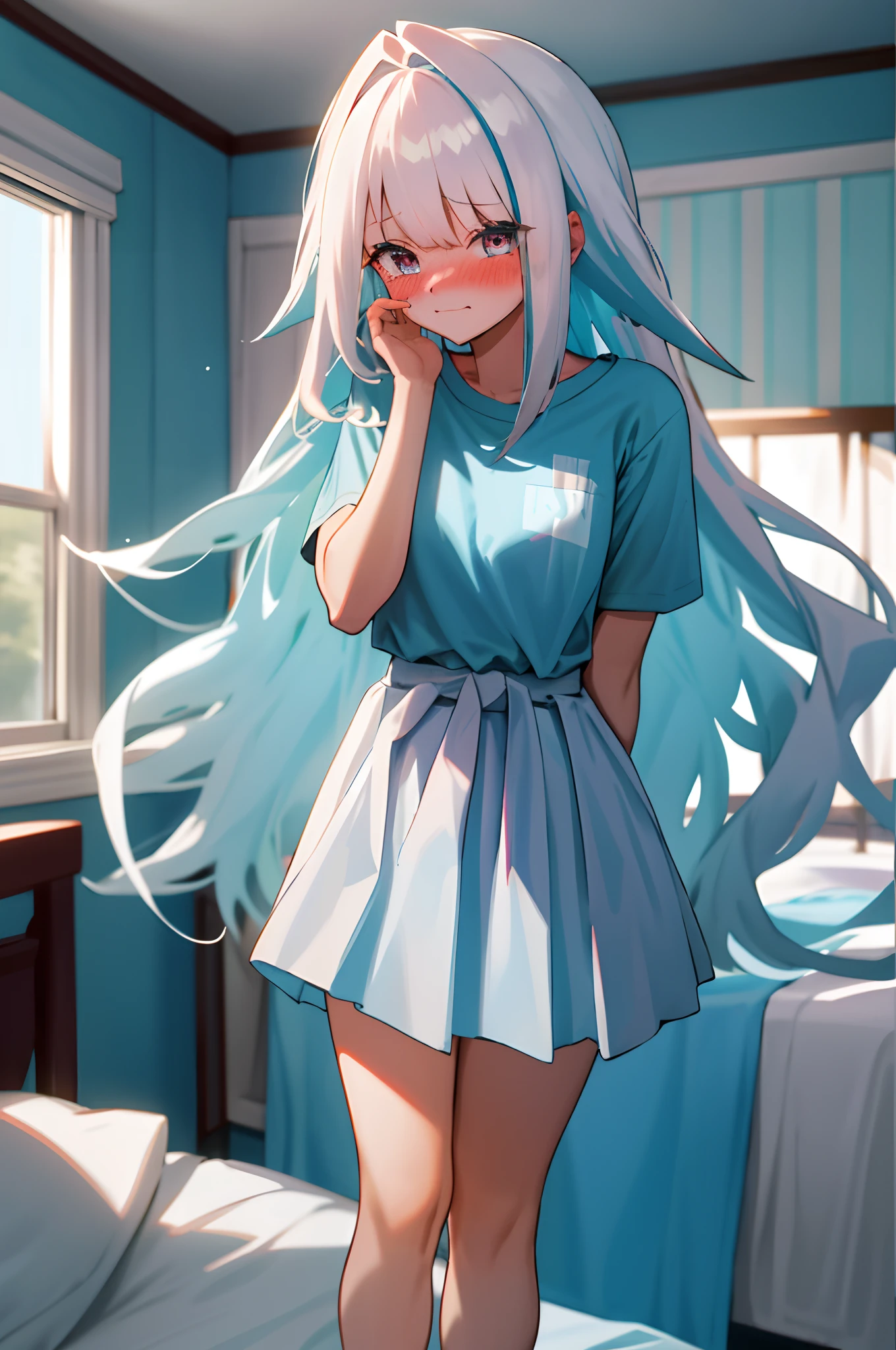 One girl with long wavy hair, white hair, looking at viewer, embarrassed, blushing, tears, indoor , oversized light blue t shirts, light blue t shirts, white cap, t shirts only, perfect waist, bed, thigh, standing,