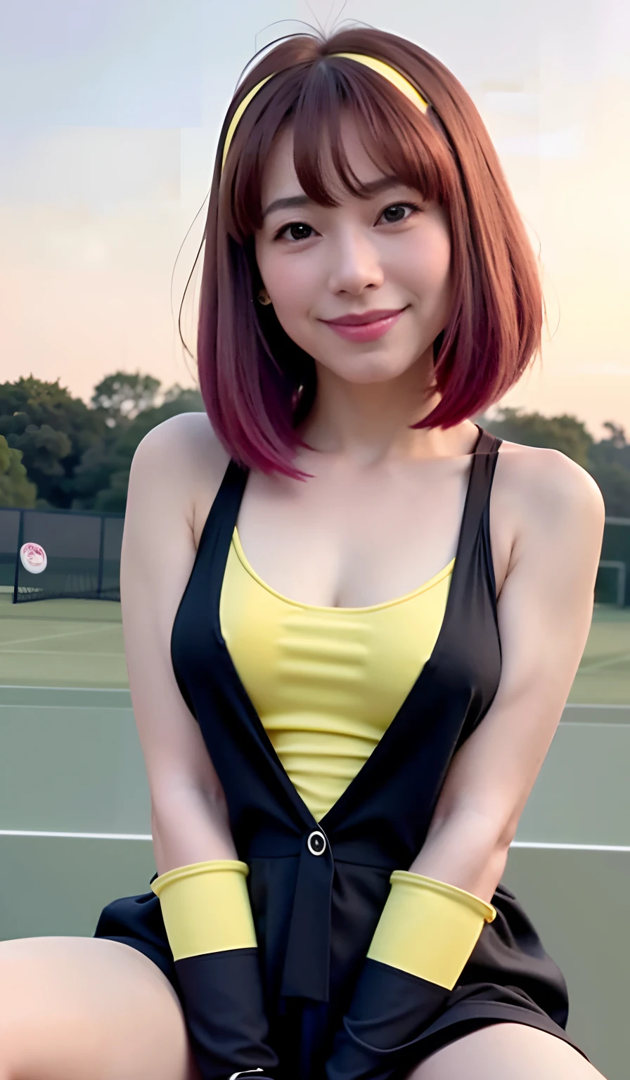 (8K、32K、Raw photography、top-quality、masterpiece:1.2)、(realisitic、Photorealsitic:1.37)、ultra-detailliert、Photo of one person、Photo of Japan actress Kyoko Fukada、beautiful mature lady、Age is 52 years、Born in the 1970s、cute little、独奏、Light makeup、Keep your real face、((Under the blue sky:1.3))、((On the lawn:1))、((Spread your legs for your audience))、((Do not hide your crotch with both hands))、((Posture as if straddling a Japanese-style toilet))、((Sensational provocative pose:1.15))、((Pink ash hair on the head))、(Virgin female genitalia perfectly visible for your audience))、Redhead pubic hair、((Emphasis on the chest:1.5))、((Exposed small breasts:1))、((B Cup Breasts to Bust Size:1.5))、Happy bright smile、Beautiful teeth alignment、(blush of the nose)、((A smile:1.25))、((Urine))、seducting smile、hitornfreckles、Dimples、profetional lighting、Illuminate the front of the subject、Sony A7R4、Zessie 50mm f1.8、Beautiful Detail Eye、((Tennis wear with stocking material on black or yellow fabric:1.5))、Short pleated skirt、Please wear it snugly、(short-hair:1.32)、((Floating hair:1.5))、(Wearing sneakers)、
