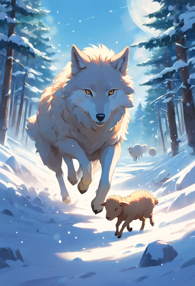 Cartoon picture of a wolf chasing a sheep in the snow, storybook illustrations, childrens illustrated storybook, Storybook illustration, Big bad wolf, cute storybook illustration, Lovely sheep，children's book illustrations, children's book illustrations, storybook illustrations, children's book illustrations, mixture between an!owl and wolf, Children's book illustration, children's book illustrations, Children's animated films, picture books, storybooks