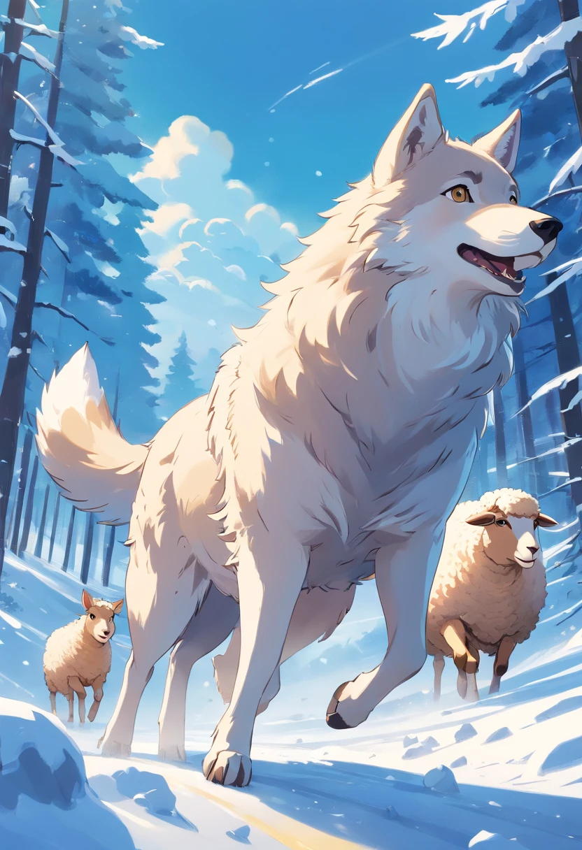 Cartoon picture of a wolf chasing a sheep in the snow, storybook illustrations, childrens illustrated storybook, Storybook illustration, Big bad wolf, cute storybook illustration, Lovely sheep,children's book illustrations, children's book illustrations, storybook illustrations, children's book illustrations, mixture between an!owl and wolf, Children's book illustration, children's book illustrations, Children's animated films, picture books, storybooks