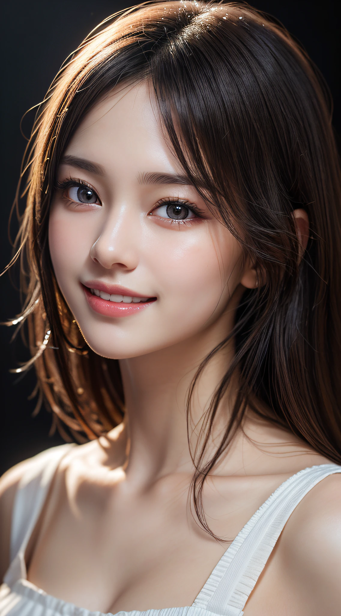 Body Portrait, 8k, Narrow and beautiful eyes, Dindal effect, masterpiece, 最high quality, high quality, High resolution, Highly detailed photos, (Natural skin texture, Fine skin, Hyperrealism, Ultra Sharpness), Skin with attention to detail, (Very fine, Fine skin texture, Intricate details, Beautiful Face, (Realistic Face), Realistic eyes, Beautiful and detailed eyes, Realistic Skin, Beautiful Skin, Surreal, Highly detailed golden ratio, Smiling Eyes, ((Night moonlight background) )), Body Portrait, G-Cup, Big Breasts, Huge breasts, Big Breasts, glamorous, sexy knit dress,
