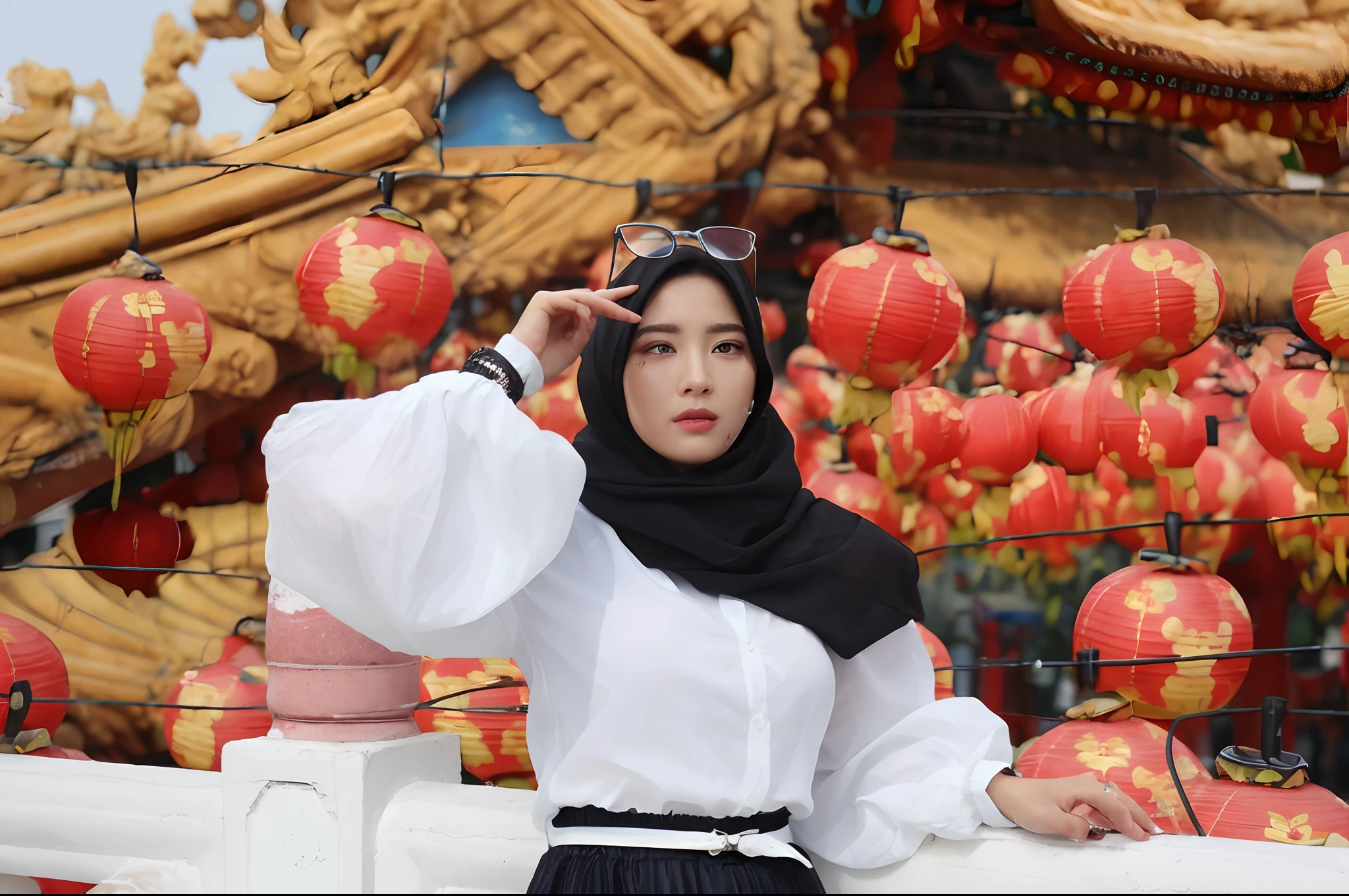 ((Best Quality, 8K, Masterpiece: 1.3)), Sharp: 1.2, Perfect Body Beauty: 1.4, Slim Abs: 1.2, ((Layered Hairstyle, Big Breasts: 1.2)), (Wet White Button Long Shirt: 1.1), (Rain, Street: 1.2), Wet: 1.5, Highly detailed face and skin texture, detailed eyes, double eyelids, side face looking at the camera