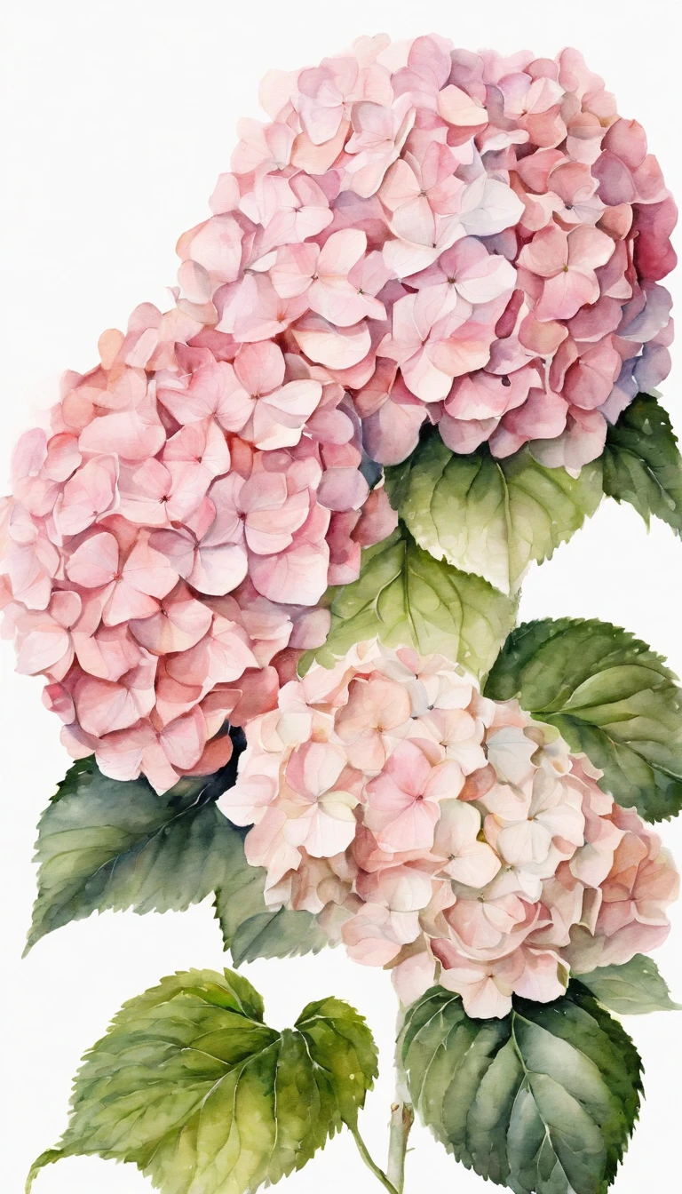 blush pink hydrangea, white background, (best quality), masterpiece, extremely detailed