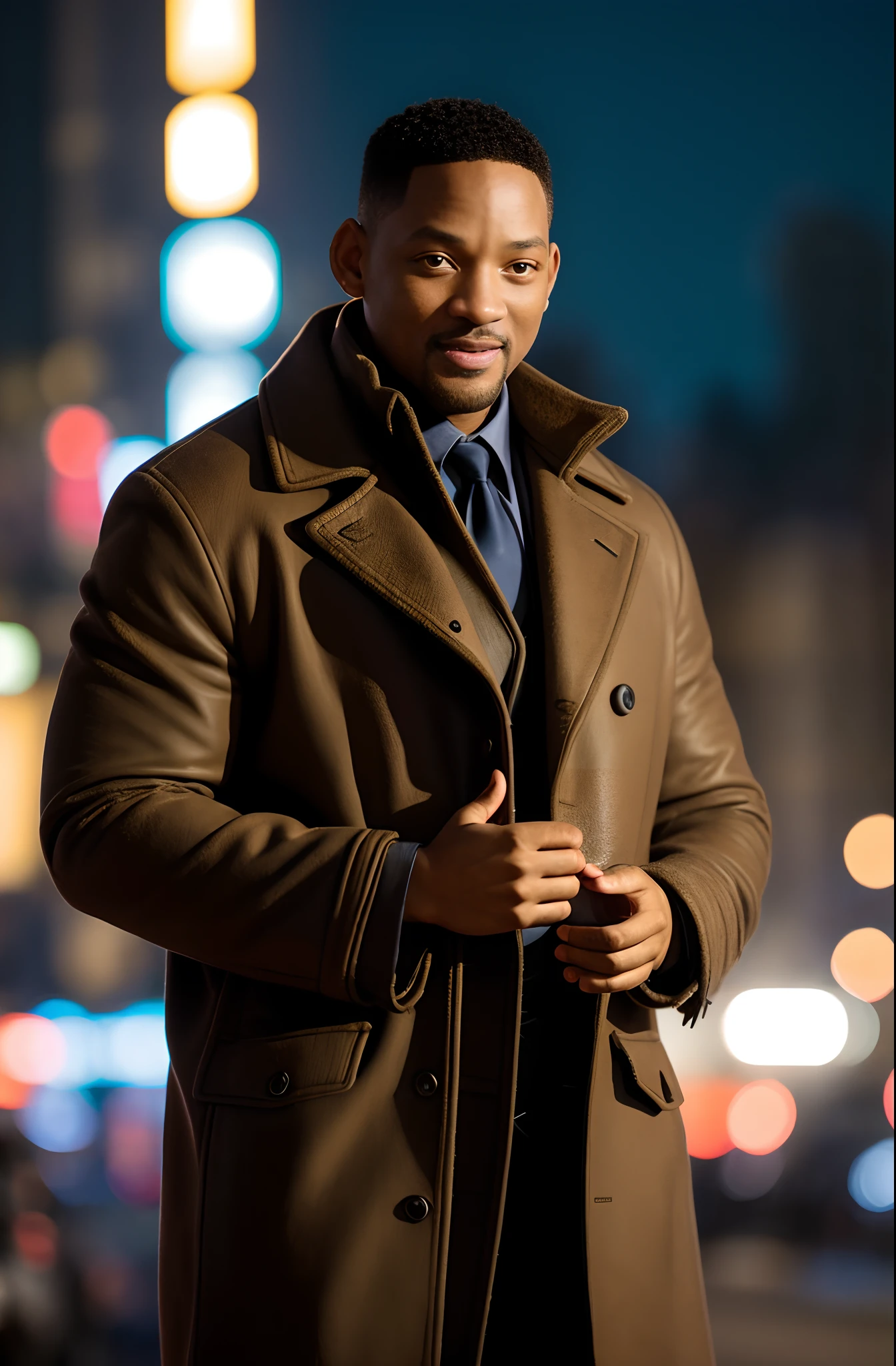 (Dynamic pose:1.2),(Dynamic camera),Close-up Will Smith（Will Smith） ,Perfect eyes , (Wearing a shabby mech coat),(Bokeh:1.2), Intricate, (Steel metal [Rust]), elegant, Sharp focus, Soft lighting, Vibrant colors, ((Streets)), Detailed face, RAW photo, full sharp, Wallpapper 8K UHD, Digital SLR, Soft lighting, High quality, filmgrain, Fujifilm XT3