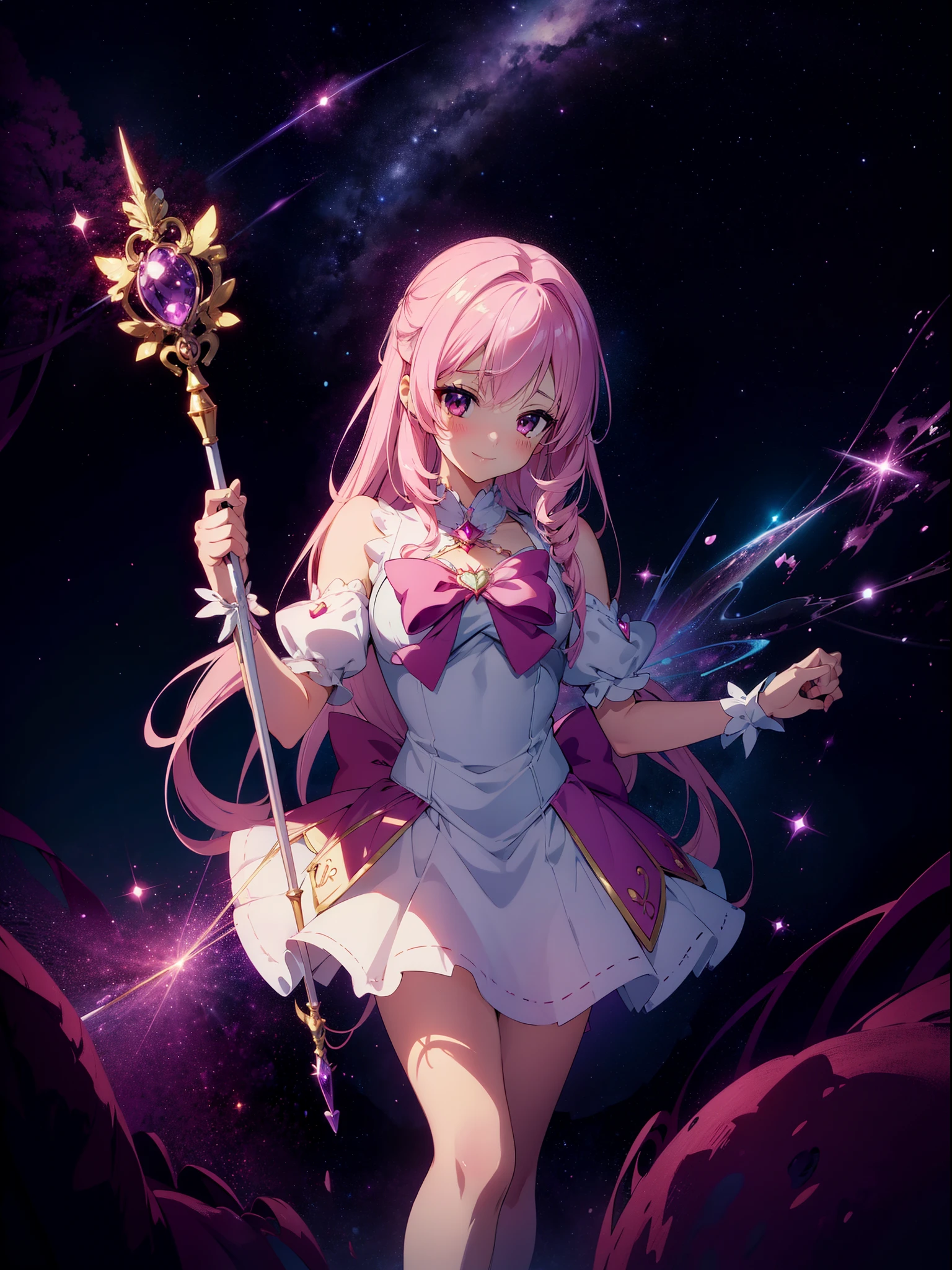 1 magical girl, (fantasy), holding magical rod , panty shot, character focus, close to viewer,blush, smile ,high resolution,(incredibly absurdres), (hires.fix:1.3),anime visual,ultra detailed CG unity 8k wallpaper, ((masterpiece)), ((top-quality)), (beautiful illustration), ((an extremely delicate and beautiful))