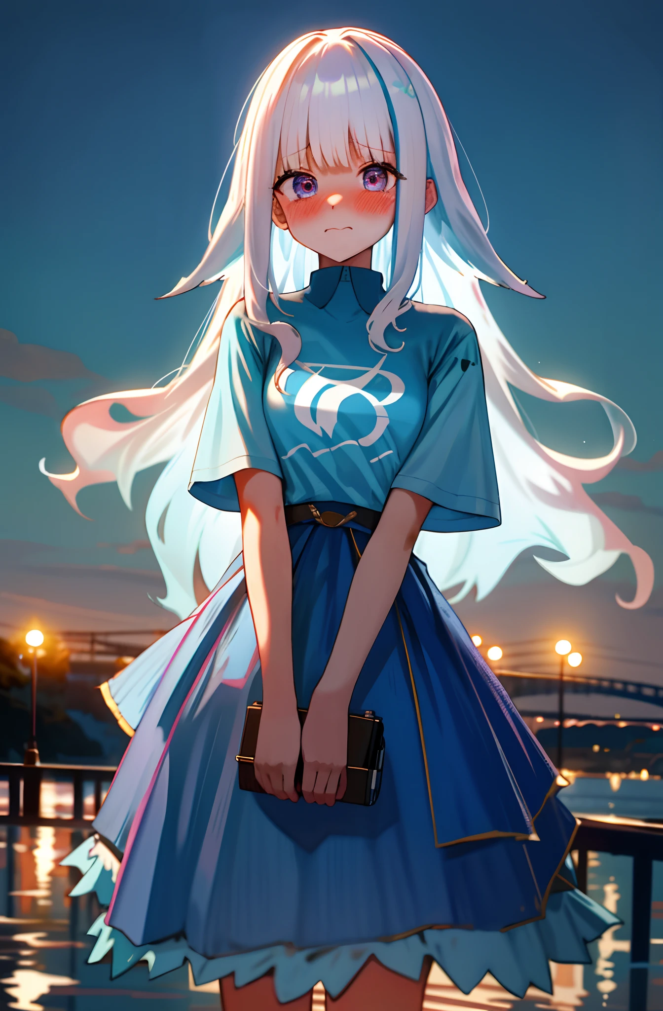 One girl with long wavy hair, white hair, looking at viewer, embarrassed, blushing, tears, outdoor , oversized light blue t shirts, light blue t shirts, mini skirts, perfect waist, bridge, night atmosphere,