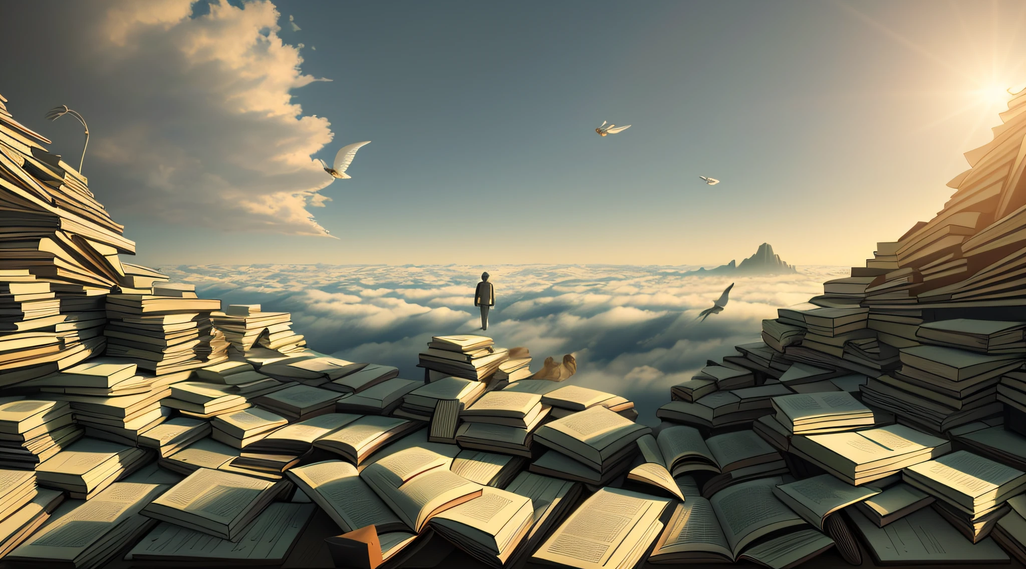 Image of Alphad of a man standing in a pile of books, sylvain sarrailh and igor morski, iintricate、Epic composition, endless books, surreal 3 d render, surreal scene, matte painting of human mind, wanderer above the sea of fog, surreal dreamscape, in a surreal dream landscape, author:Kurt Roesch, Flying books