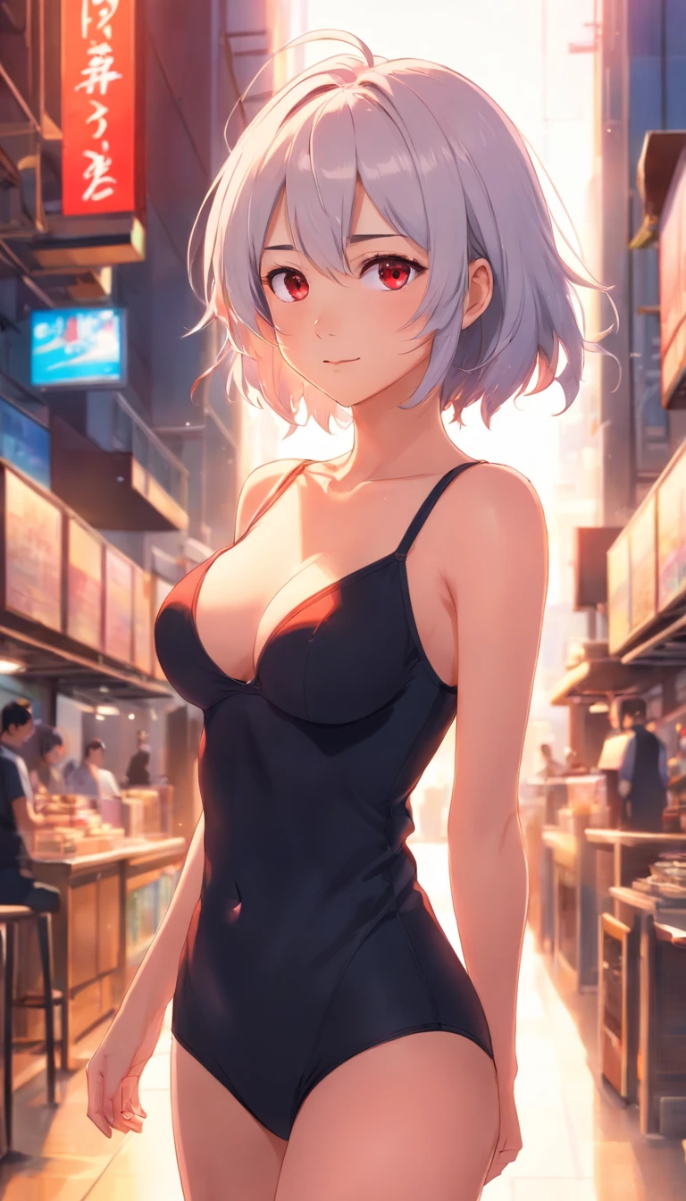 masterpiece, best quality, highres 64k, professional artwork, clean, cinematic lighting, beautiful eyes + detail, beautiful hair + detail, (young female body:1.4), ( big breasts, lactation), white hair, sideboob, sleeveless, indoors, black sweater, standing, bang diffe, (eyes red), seductive smile