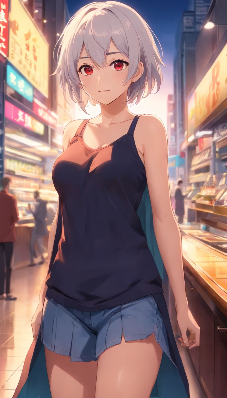 masterpiece, best quality, highres 64k, professional artwork, clean, cinematic lighting, beautiful eyes + detail, beautiful hair + detail, (young female body:1.4), ( big breasts, lactation), white hair, sideboob, sleeveless, indoors, black sweater, standing, bang diffe, (eyes red), seductive smile