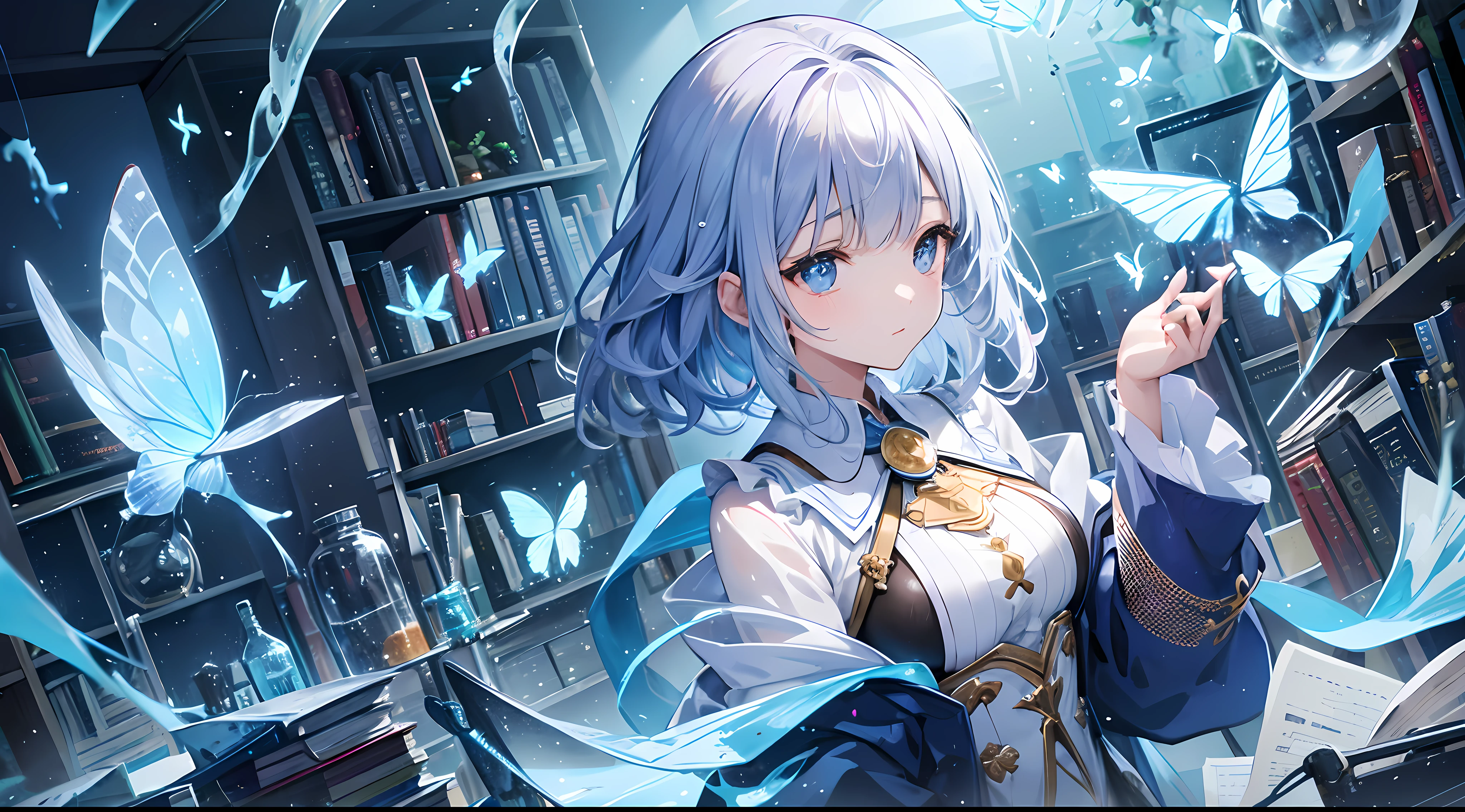 ultra-definition、Fantastical、Detail Facial、Detail Facial、fine lines、Scientist girl staring at a bottle with butterflies、glass、Labware、atlibrary、Piles of books、Paperwork is cluttered、fantastical light、Realistic water droplets、Light Effects、Watercolor texture