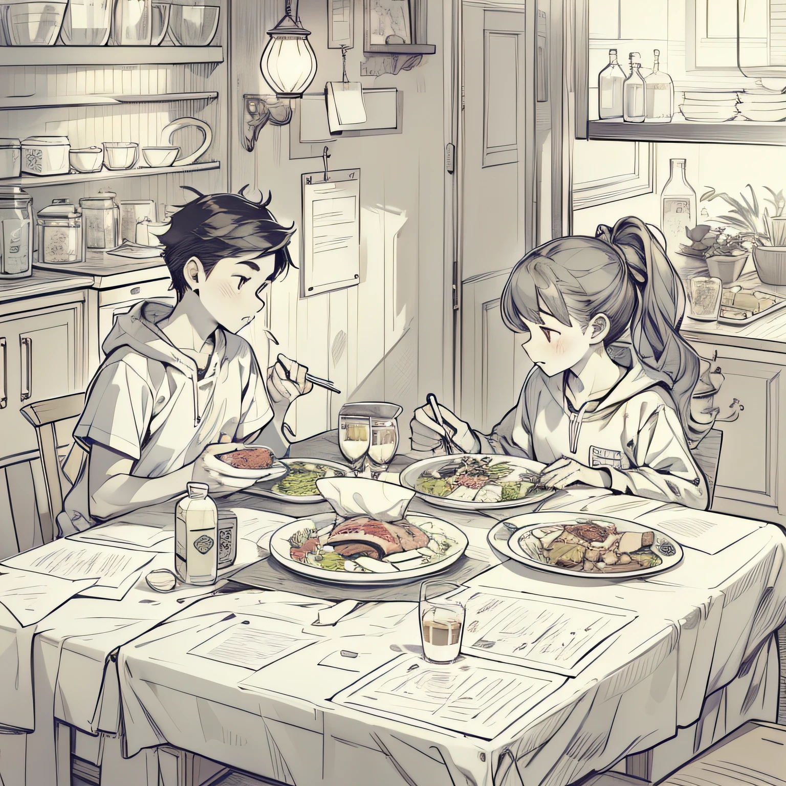 sheet reference ,Hand-drawn line drawings,1 boy and 1 girl eat at the same table