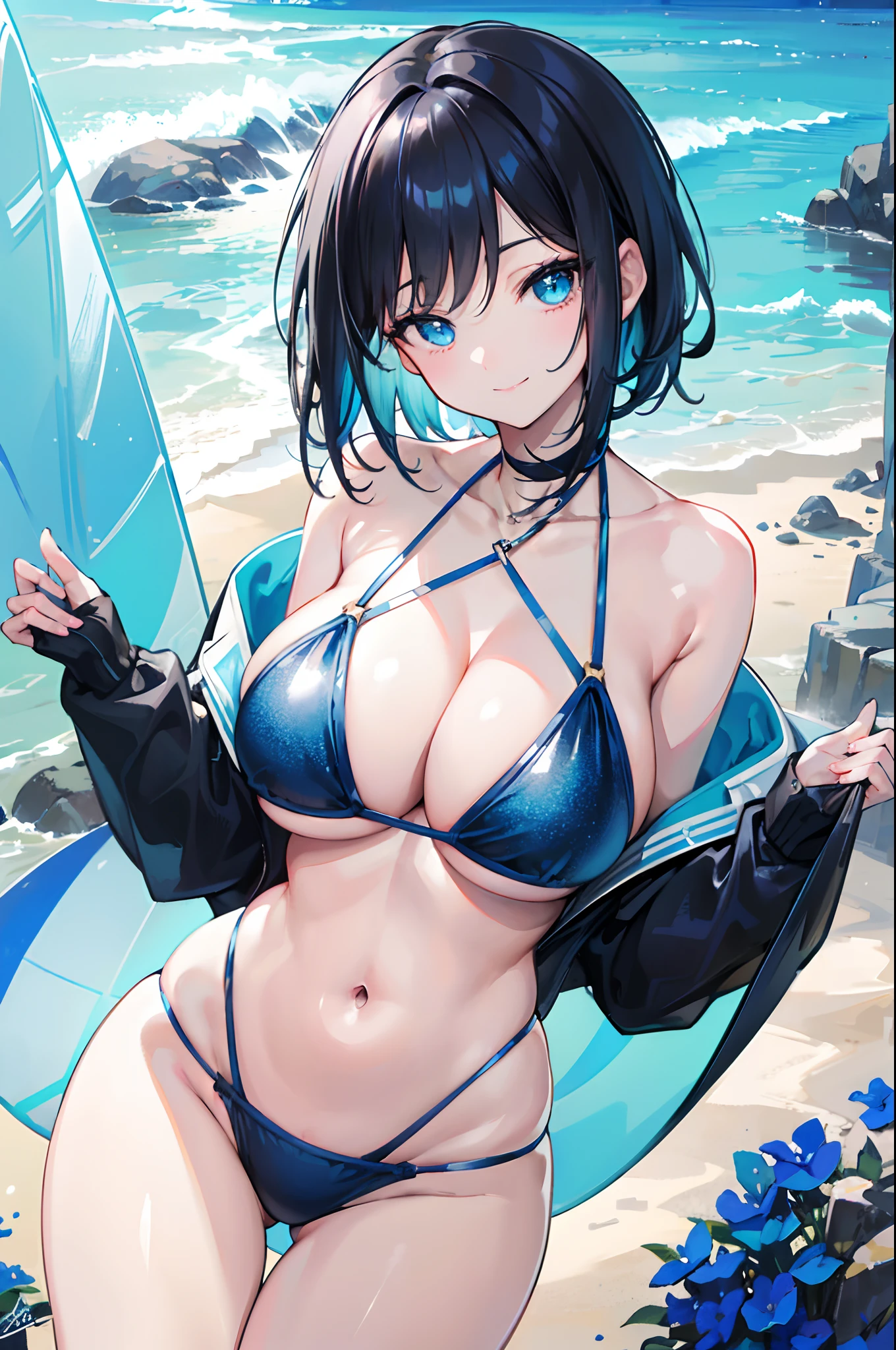 best quality,highres), bikini, short black hair with blue highlight, blue sparkling eyes, shoulder length, smiling at viewer, vivid colors, studio lighting, bright smile, big boobs showing off cleavage, beach, curvy figure