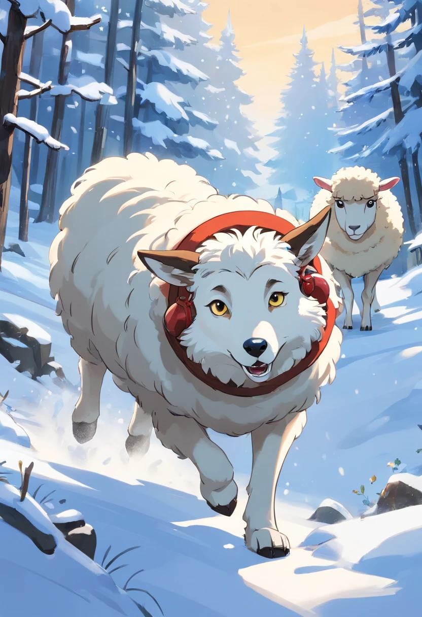 Cartoon picture of a wolf catching a sheep in the snow, storybook illustrations, childrens illustrated storybook, Storybook illustration, Big bad wolf, cute storybook illustration, Lovely sheep，children's book illustrations, children's book illustrations, storybook illustrations, children's book illustrations, mixture between an!owl and wolf, Children's book illustration, children's book illustrations, children's animated films、Children's picture book storybook anthropomorphic cartoon wolf，Anthropomorphic cartoon sheep