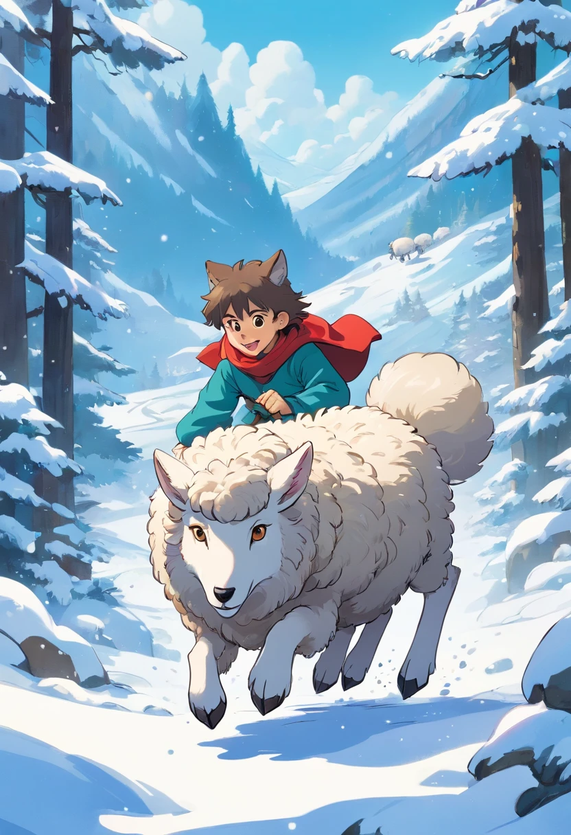 Cartoon picture of a wolf catching a sheep in the snow, storybook illustrations, childrens illustrated storybook, Storybook illustration, Big bad wolf, cute storybook illustration, Lovely sheep，children's book illustrations, children's book illustrations, storybook illustrations, children's book illustrations, mixture between an!owl and wolf, Children's book illustration, children's book illustrations, children's animated films、Children's picture book storybook anthropomorphic cartoon wolf，Anthropomorphic cartoon sheep
