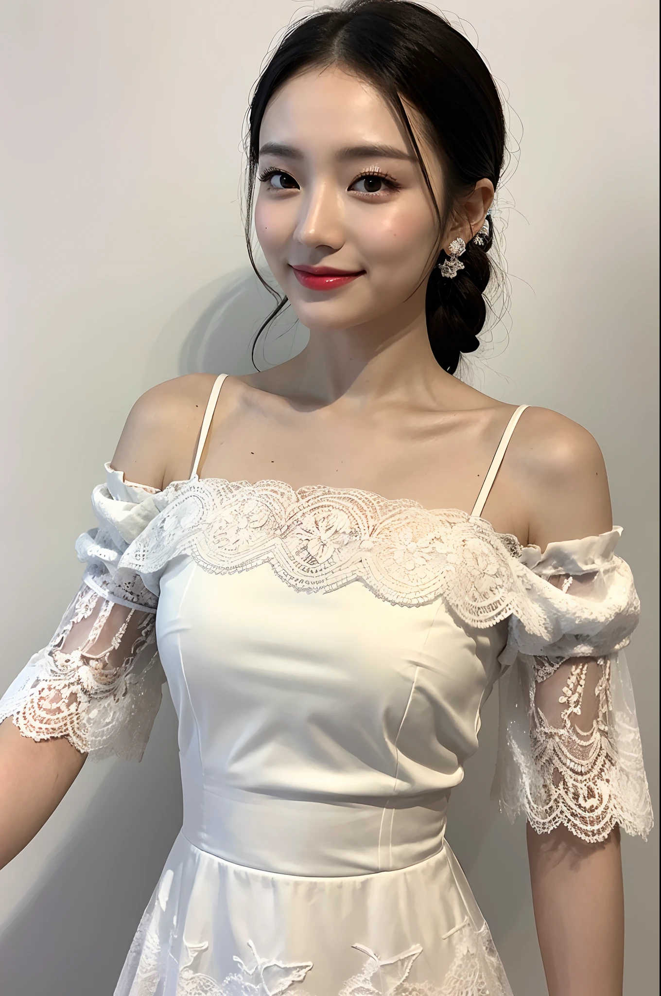 (Best quality, 8K, masterpiece:1.3)) , (one person: 1.4), 1girl, a Korean woman, a goddess, 25 years old, portrait photography, high contrast, God perspective, aperture F1.2, focal length 24mm, ( Full body: 1.2), smile, pose for photos, fine lace, slip dress, simple cut dress, brand dress, simple cut, long black hair, hair tied up, super detailed skin details, detailed fabric texture