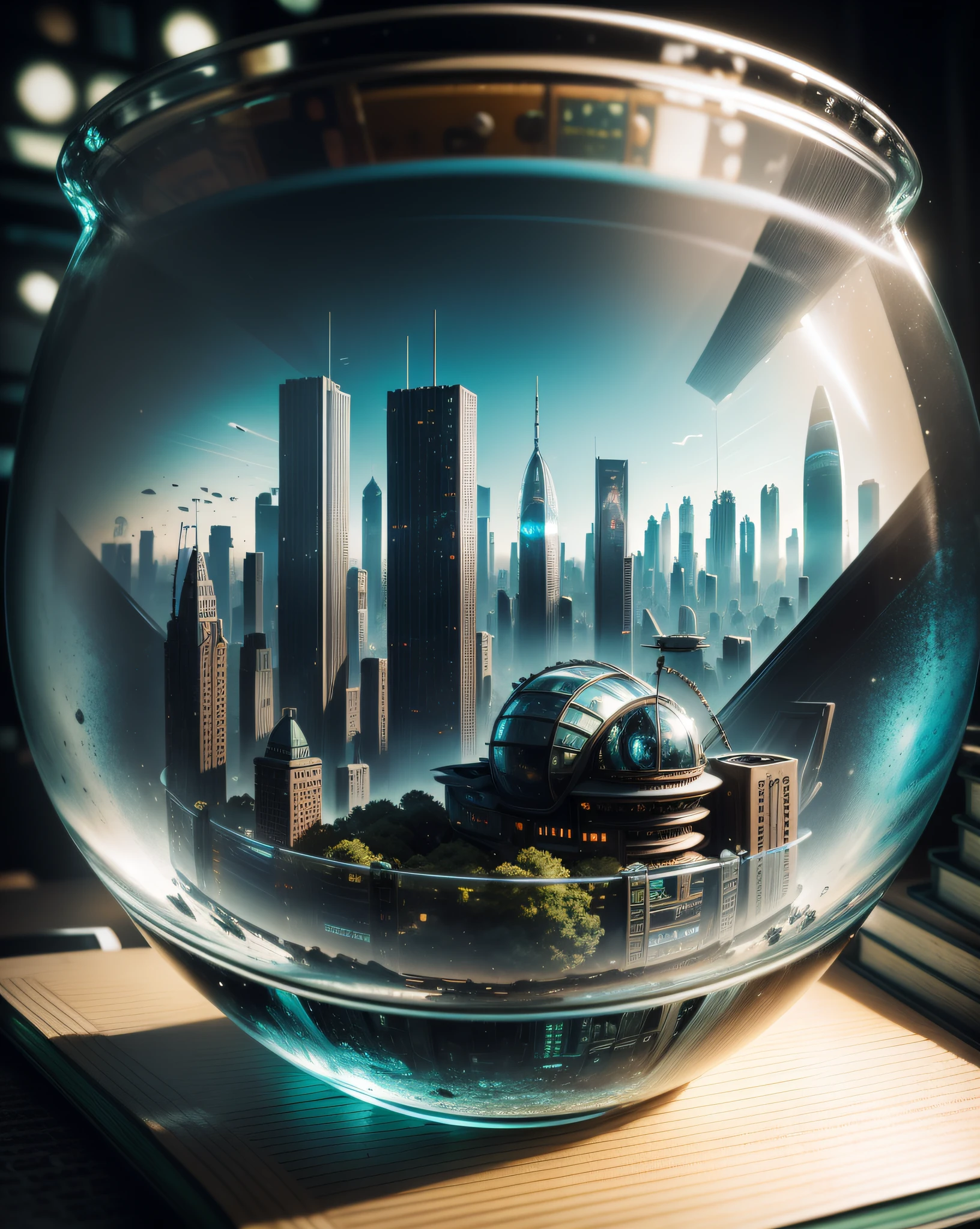 mini\(ttp\), (8k, RAW photo, best quality, masterpiece:1.2), ((miniature futuristic city skyline in a glass bowl sitting on old books)), out of focus book case,