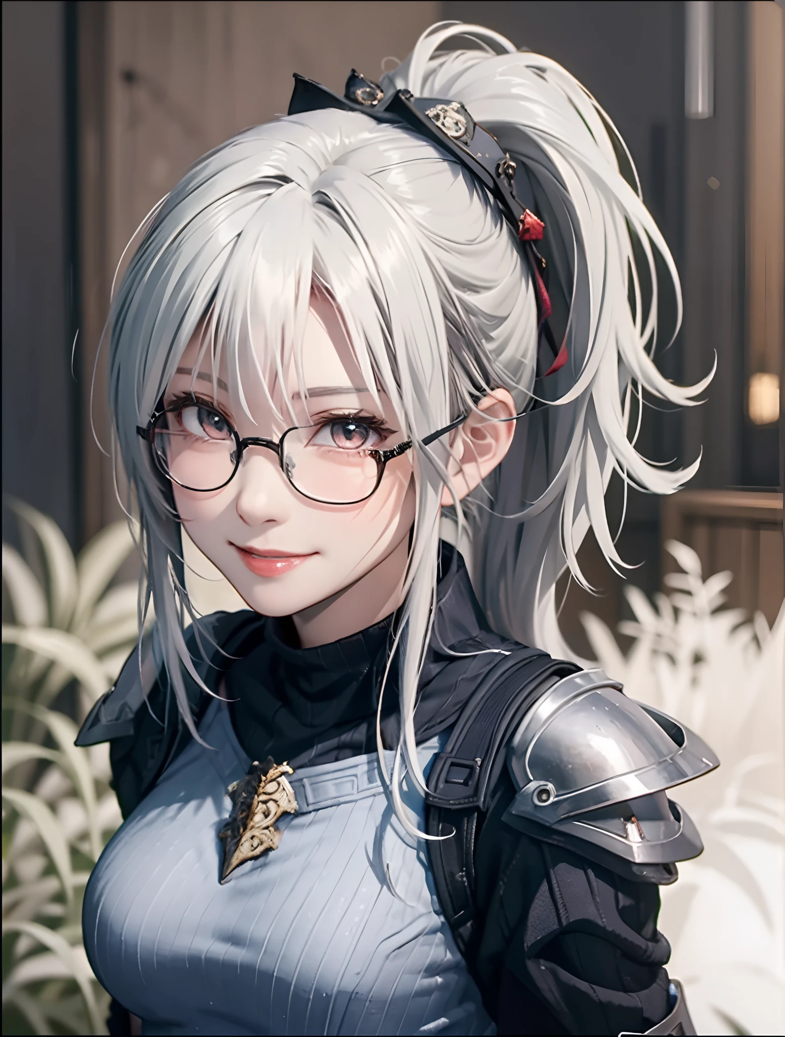 Ayaka, Solemn knight with a ponytail, Wearing glasses、white hair, Standing in the middle of field background, Add a touch of night armor(0.7) To her charm. She has a charming smile with medium breasts and hair accessories