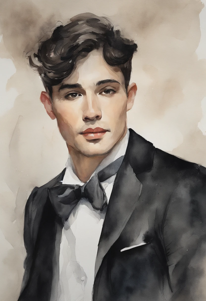 30-year-old boy, thin, short height, short black hair, black eyes, double eyelids, oval face, heavy lower lips, almond-shaped eyes, average eye angle, wide and short nose, slightly upturned nose, little volume cheeks, straight eyebrows perfect, Enigmatic look, small beard, Plain dark long-sleeved shirt, black bow tie, Long black pants, Transparent bottom,