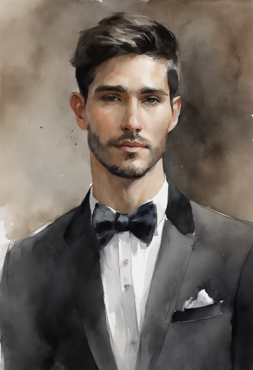 30-year-old boy, thin, short height, short black hair, black eyes, double eyelids, oval face, heavy lower lips, almond-shaped eyes, average eye angle, wide and short nose, slightly upturned nose, little volume cheeks, straight eyebrows perfect, Enigmatic look, small beard, Plain dark long-sleeved shirt, black bow tie, Long black pants, Transparent bottom,
