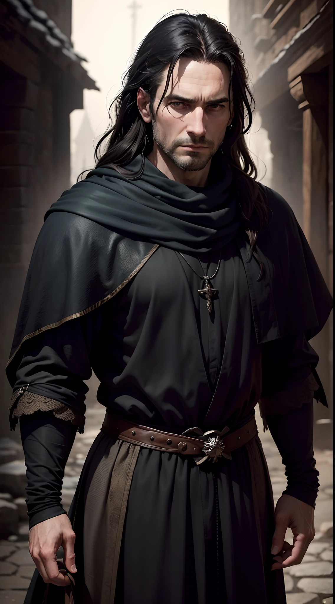 (best quality,4k,highres:1.2),ultra-detailed,(realistic,photorealistic:1.37),full body,40-year-old man,arrogant face,sharp features,slim face,thin face,detailed face,fatigued expression,long black hair with white strands,black medieval clothes,silk scarf,gloved hands,dark and moody lighting,portrait,contrasting colors,subtle shadows,mysterious atmosphere