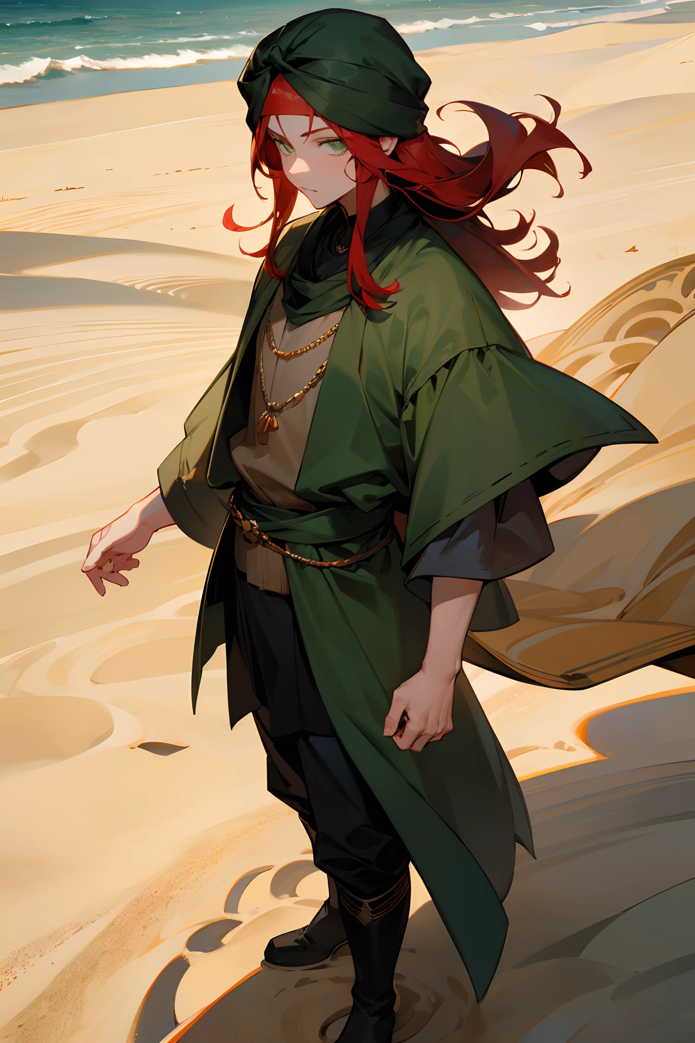 1male, adult, red hair, medium length hair, layered hair, green eyes, jewelry, arabic clothing, turban, black boots, sand village, standing on path, day