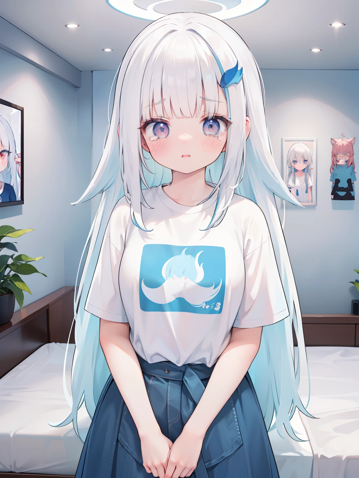 One girl with long wavy hair, white hair, looking at viewer, embarrassed, blushing, tears, indoor , oversized light blue t shirts, light blue t shirts, white cap, t shirts only, perfect waist, bed, thigh, standing,