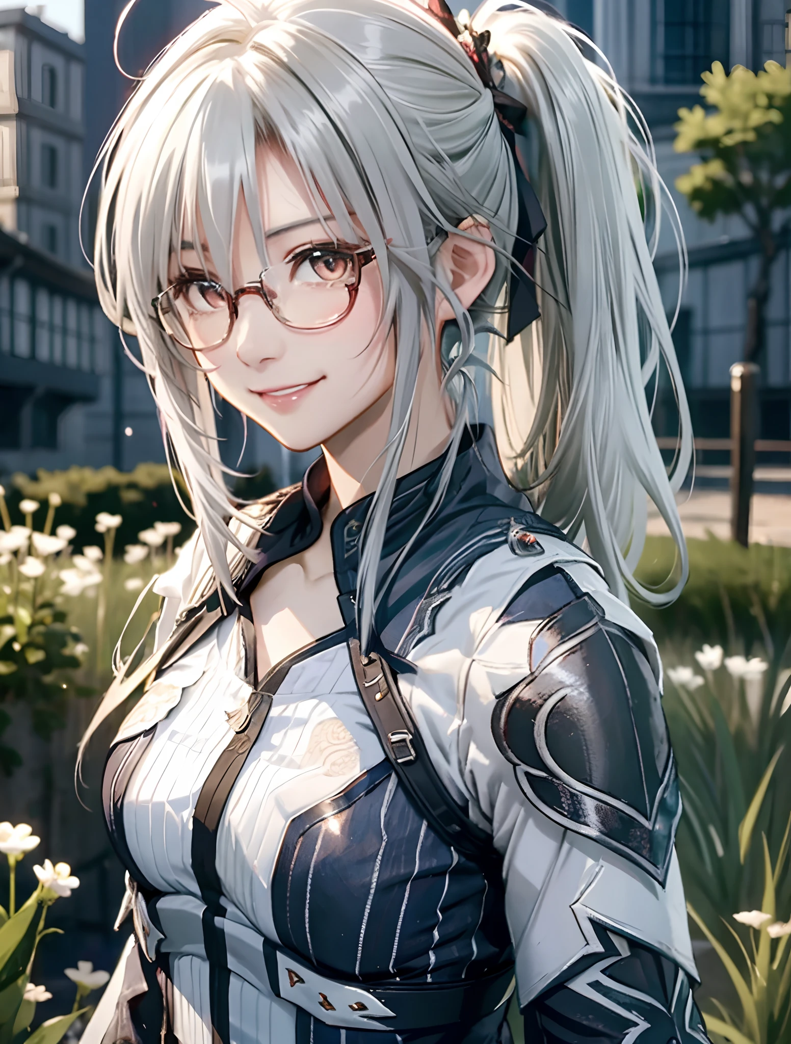 Ayaka, Solemn knight with a ponytail, Wearing glasses、white hair, Standing in the middle of field background, Add a touch of night armor(0.7) To her charm. She has a charming smile with medium breasts and hair accessories