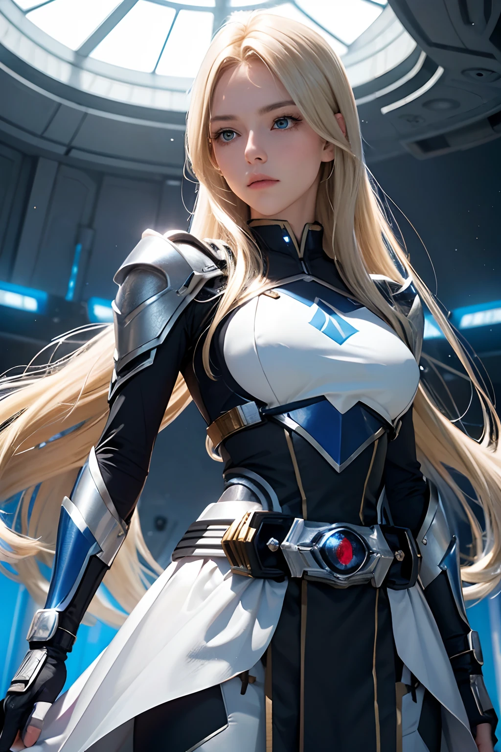 A woman wearing a beautiful silver battle uniform. Blonde hair and blue eyes. Her hair is shoulder length. There is a Kamen Rider transformation belt on his waist. Inside a spaceship on the background of a woman. 8K image quality.