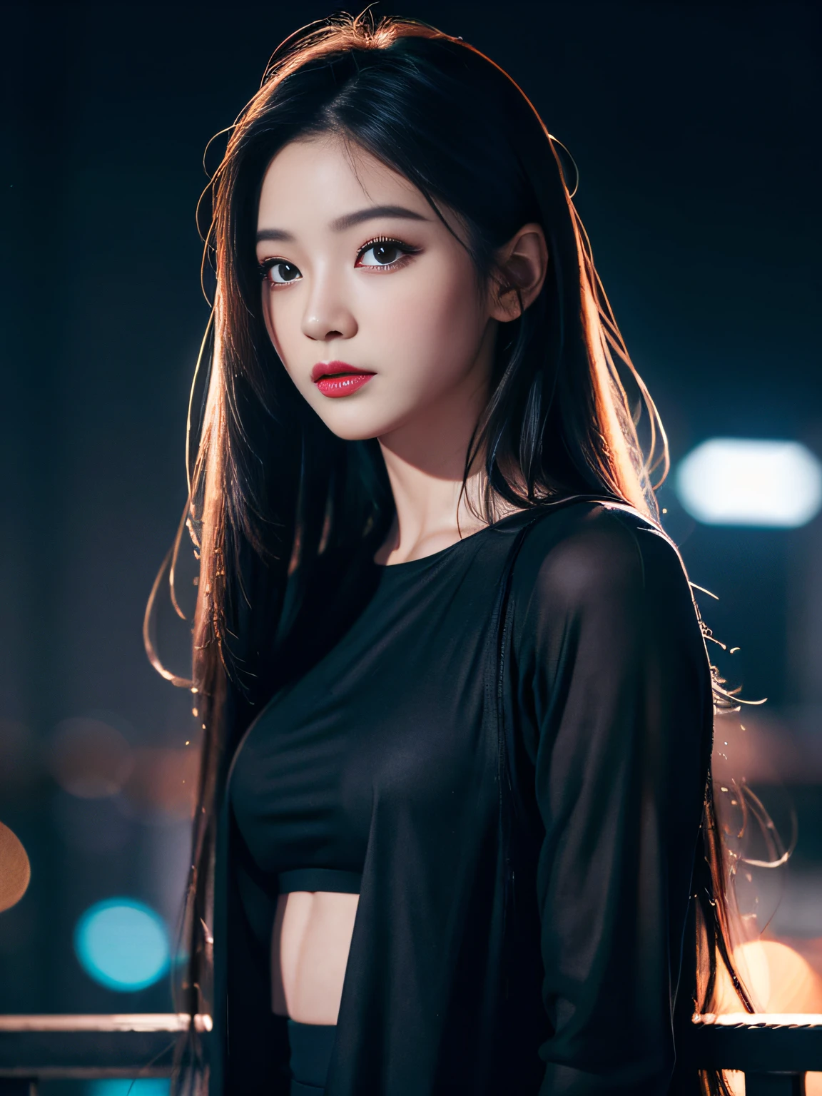 A girl, long hair, half picture, city, future, science fiction, black silk, shorts, night scene, midnight, blue light, neon, night, face close-up, delicate features, beautiful girl, beauty, charming,fashi-girl,red lips,realistic,makeup,