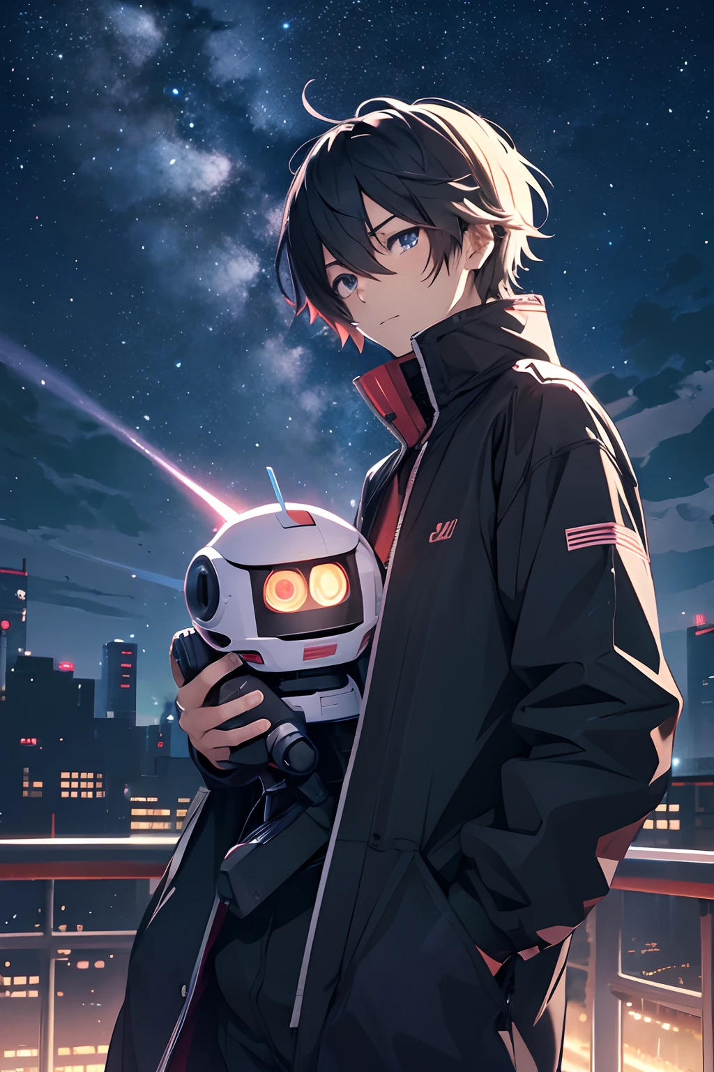 1 anime boy with cute little robot looking at the sky, night city with dark sky, meteor falling