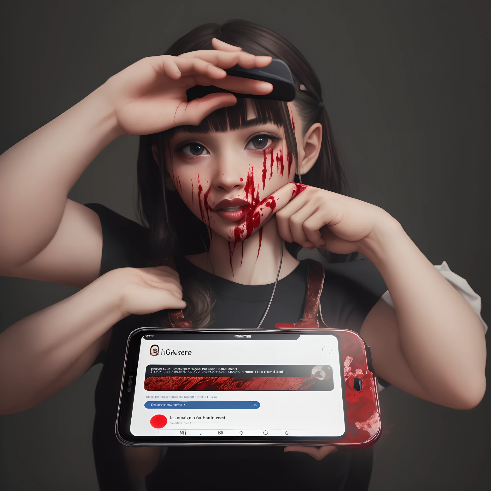African american hand holding a phone with the words "likely to scam" on the screen in a horror vibe with blood on the hand just hand no body with a black background