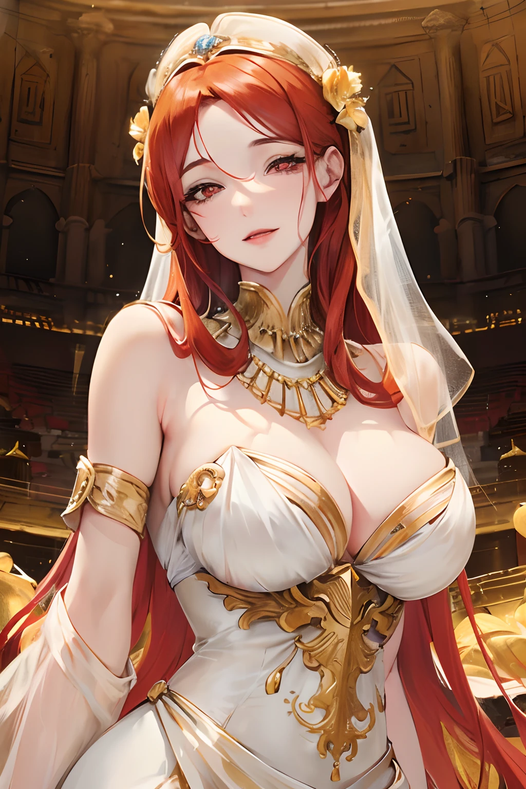 Official art, master piece, sharp focus, (beautiful Greek woman, mature, gorgeous :1.3), (beautiful:1.3) beauty, Delicate and beautiful hair, eyes and face, realistic, ultra detailed, beautiful girl, bright white particle, (side lighting:1.2), slender, lovely, modest busts(Above average) breasts, Massive:1.2) and modest hips(above average), smiling, ((Smile with eyes, Open both eyes)), Posing , front, upper body, Mount Olympus, Greek pantheon, Alone, Flames in the background, Long red hair (Orange tone), straight, Facial expression, embarrassed, maternal, modest, happy, dynamic hair, red eyes (Color of fire ), bright, (dress, conservative, long, full, without exposing too much skin, white, gold details), ((camel)), pale skin, hair ornament