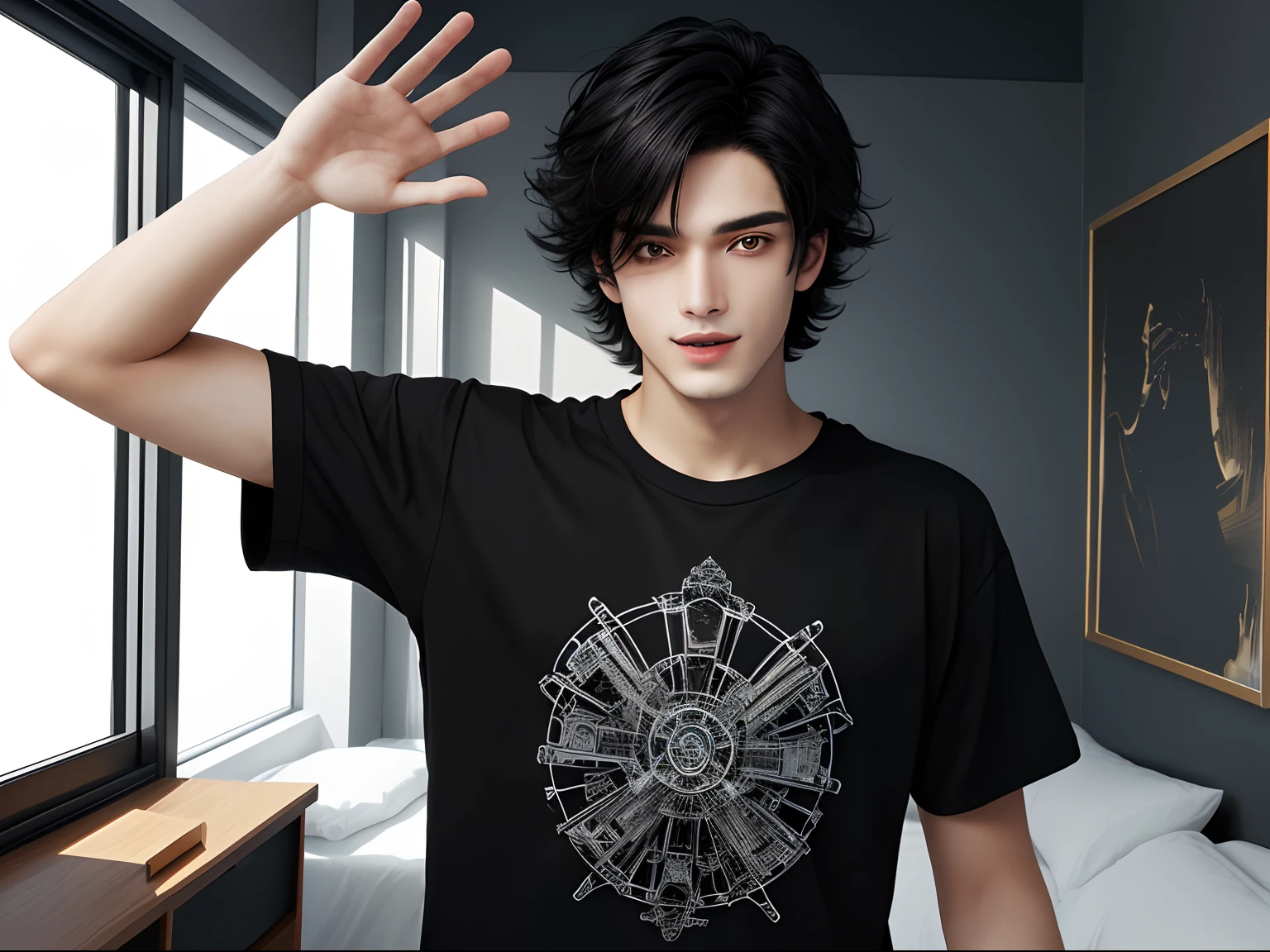 （tmasterpiece，best qualtiy），of a guy，excited，with short black hair，Split head，black t-shirts，waving hands，Bedrooms,Masterpiece,Best quality,High detail,Dissection is correct,8K,