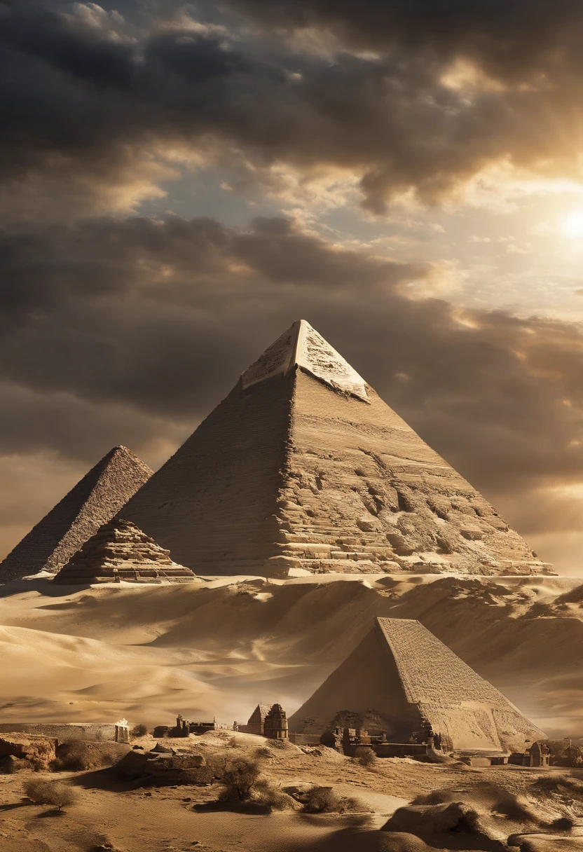 An image of Egyptian pyramids, Temples and other public works. His keen focus and intense gaze seem to pierce through the darkness, Revealing Hidden Truths and Mysteries. The intricate details are reproduced in stunning detail, while cinematic lighting adds a touch of drama to the scene. Esta imagem sobrenatural, Captured in 8K resolution, will leave you in awe of its beauty and depth