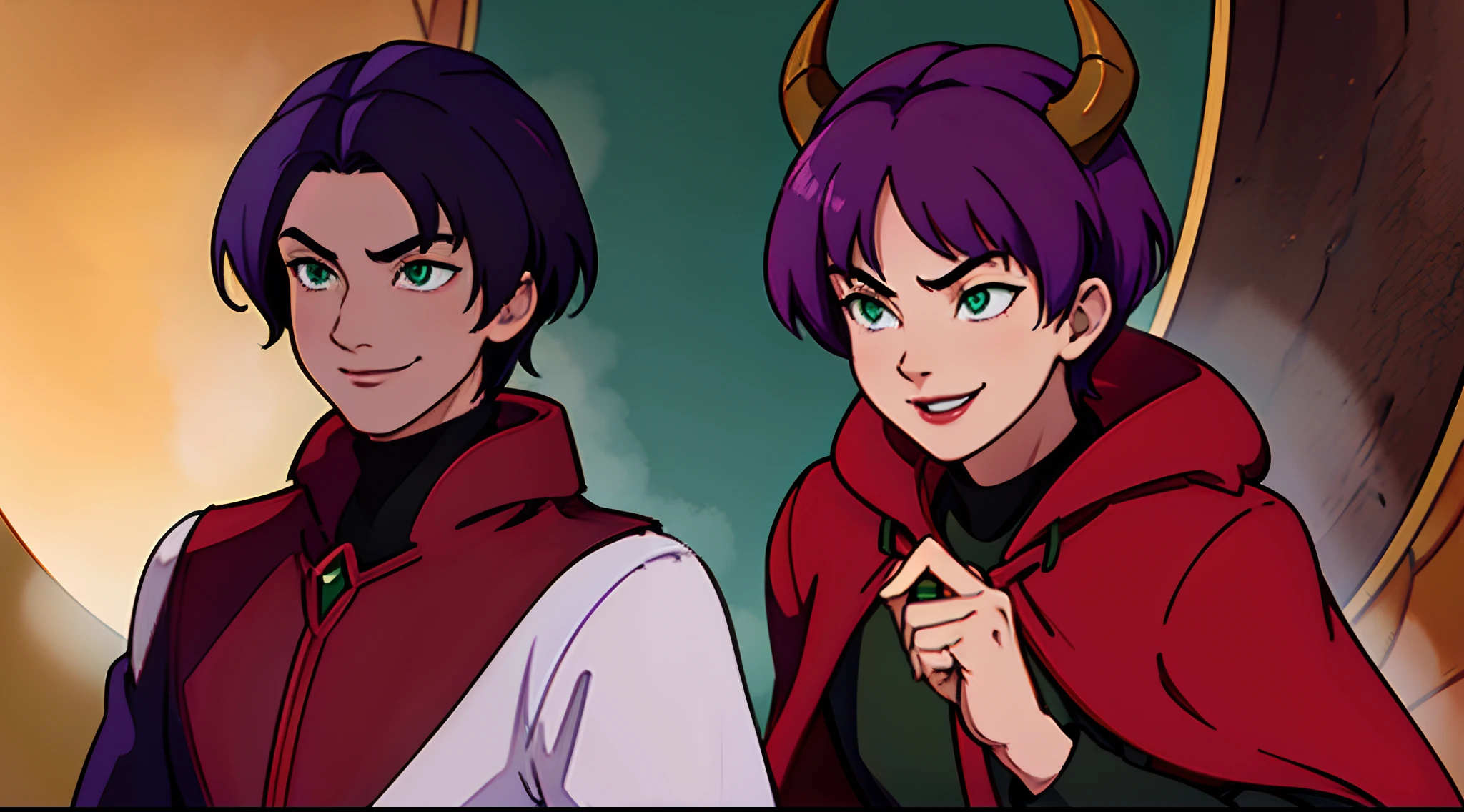 top-quality、masterpiece、Boy with short purple hair、Green eyes、demonic horns、A smile、red cloak、Composition that reflects the whole body、combat pose、Thumbnail image、Blue background