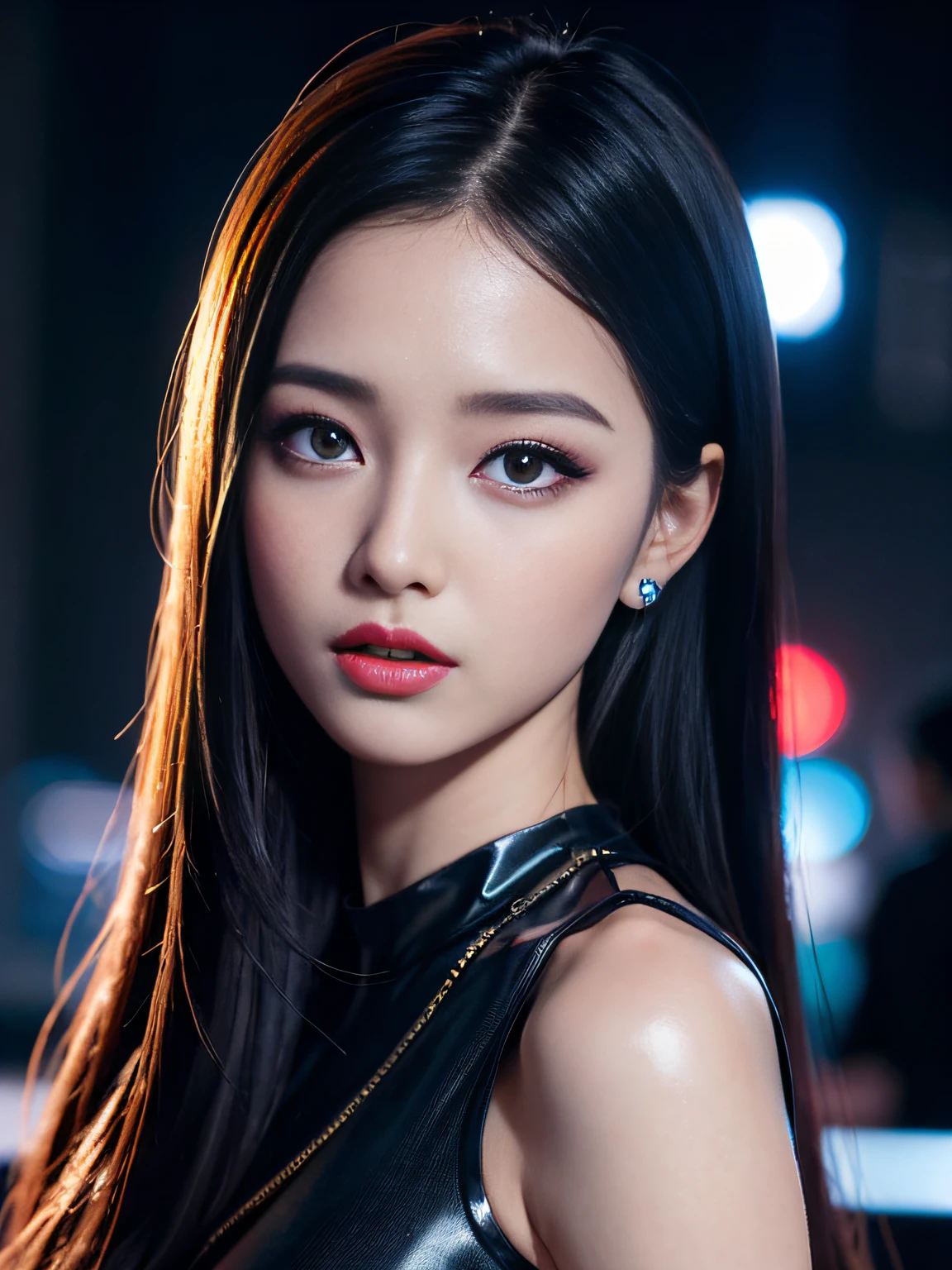 A girl, long hair, half picture, city, future, science fiction, black silk, shorts, night scene, midnight, blue light, neon, night, face close-up, delicate features, beautiful girl, beauty, charming,fashi-girl,red lips,realistic,makeup,
