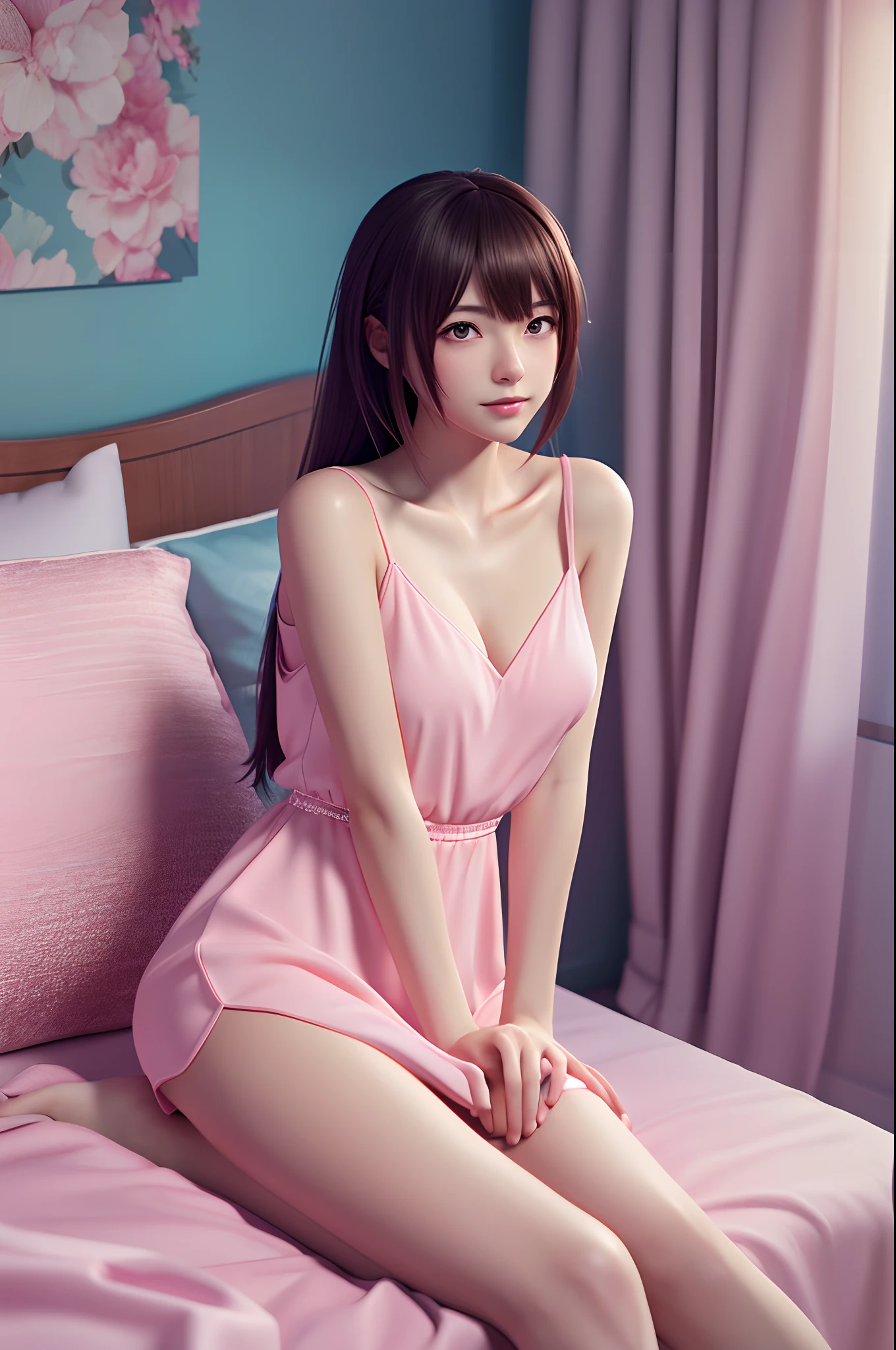 Anime girl in pink dress sitting on bed, Trending on CGSTATION, Smooth Anime CG Art, Seductive anime dick girl, realistic anime 3 d style, guweiz, [ 4 k photorealism ]!!, photorealistic anime girl render, [ 4 k digital art ]!!, artwork in the style of guweiz, Anime. Soft lighting