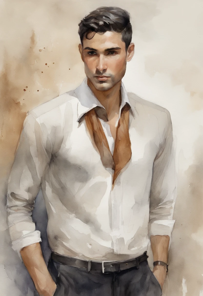 30-year-old boy, thin, short height, short black hair, black eyes, double eyelids, oval face, short neck, Arab boy, Latin boy, dark skin, heavy lower lips, almond-shaped eyes, average eye angle, wide and short nose , slightly upturned nose, little volume cheeks, Perfect straight eyebrows, Enigmatic look, small beard, Smooth dark long-sleeved shirt, black bow tie, Long black pants, Transparent bottom,