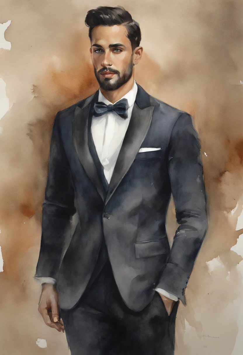 30-year-old boy, thin, short height, short black hair, black eyes, double eyelids, oval face, short neck, Arab boy, Latin boy, dark skin, heavy lower lips, almond-shaped eyes, average eye angle, wide and short nose , slightly upturned nose, little volume cheeks, Perfect straight eyebrows, Enigmatic look, small beard, Smooth dark long-sleeved shirt, black bow tie, Long black pants, Transparent bottom,