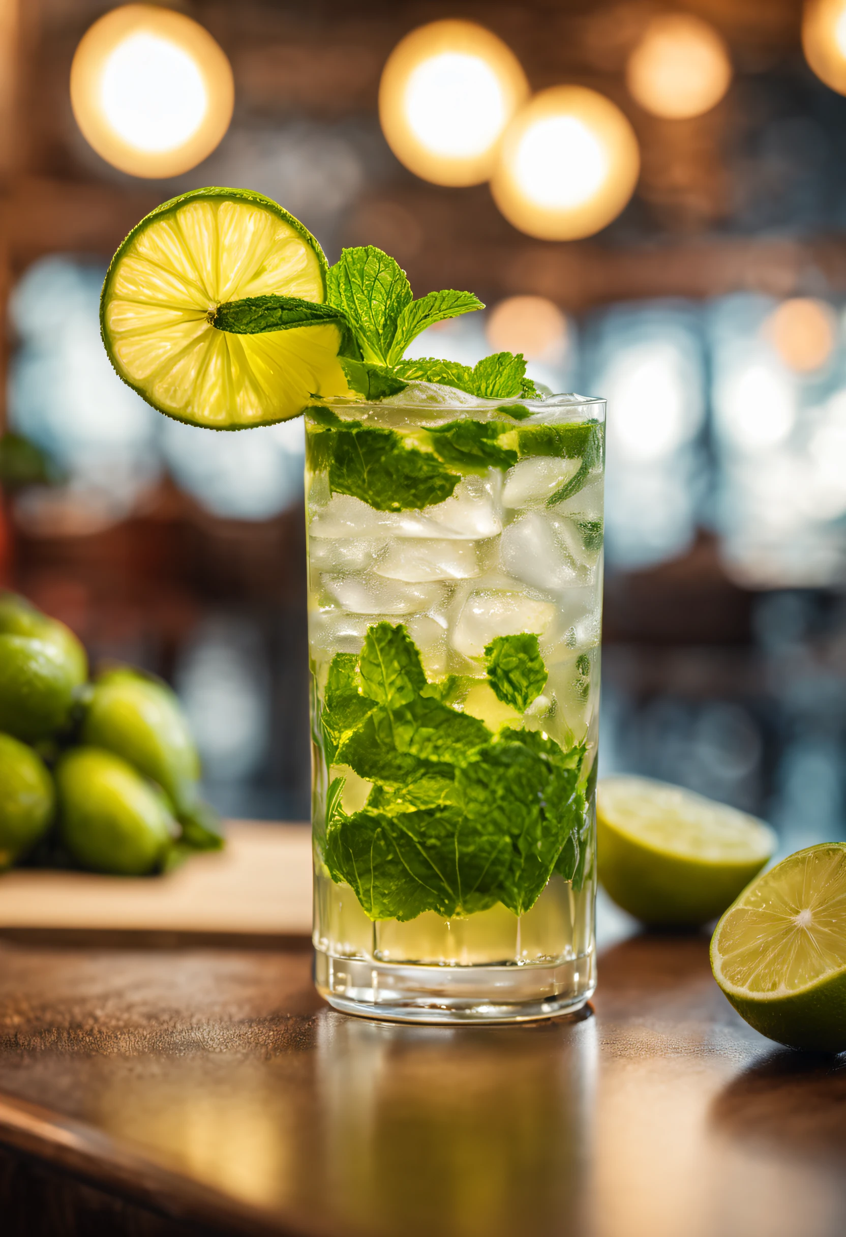 A Cuban Mojito served in a highball glass in a bright Cuban lounge atmosphere. Real photo, 4K.