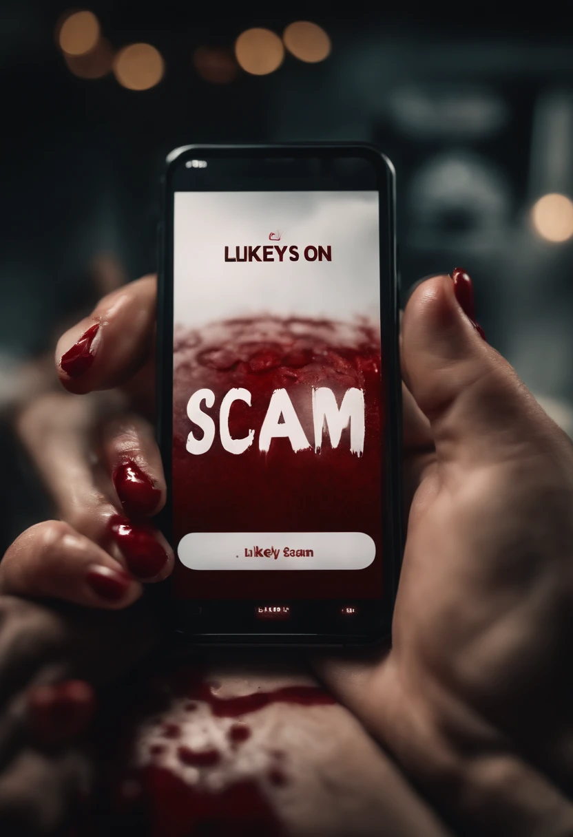 Hand holding a phone covered in blood with the words likely to scam on the screen