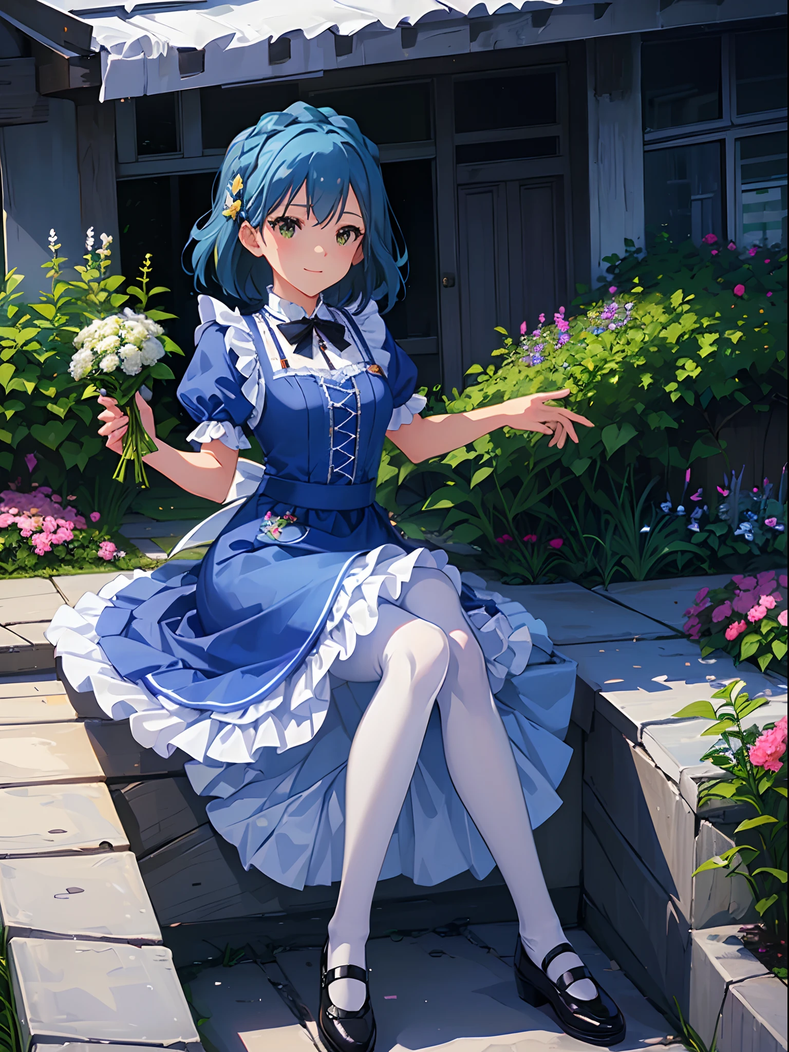 yuriko nanao (million live), 1 girl, solo, best quality, high resolution, 8k, wallpaper, ultra-detailed, detailed face, perfect anatomy, dynamic angle, dynamic pose, smile, Alice in wonderland, (((light blue dress, white apron, frilled apron, white legwear, white pantyhose, black footwear, Mary Janes))), outdoor, (((beautiful garden))),