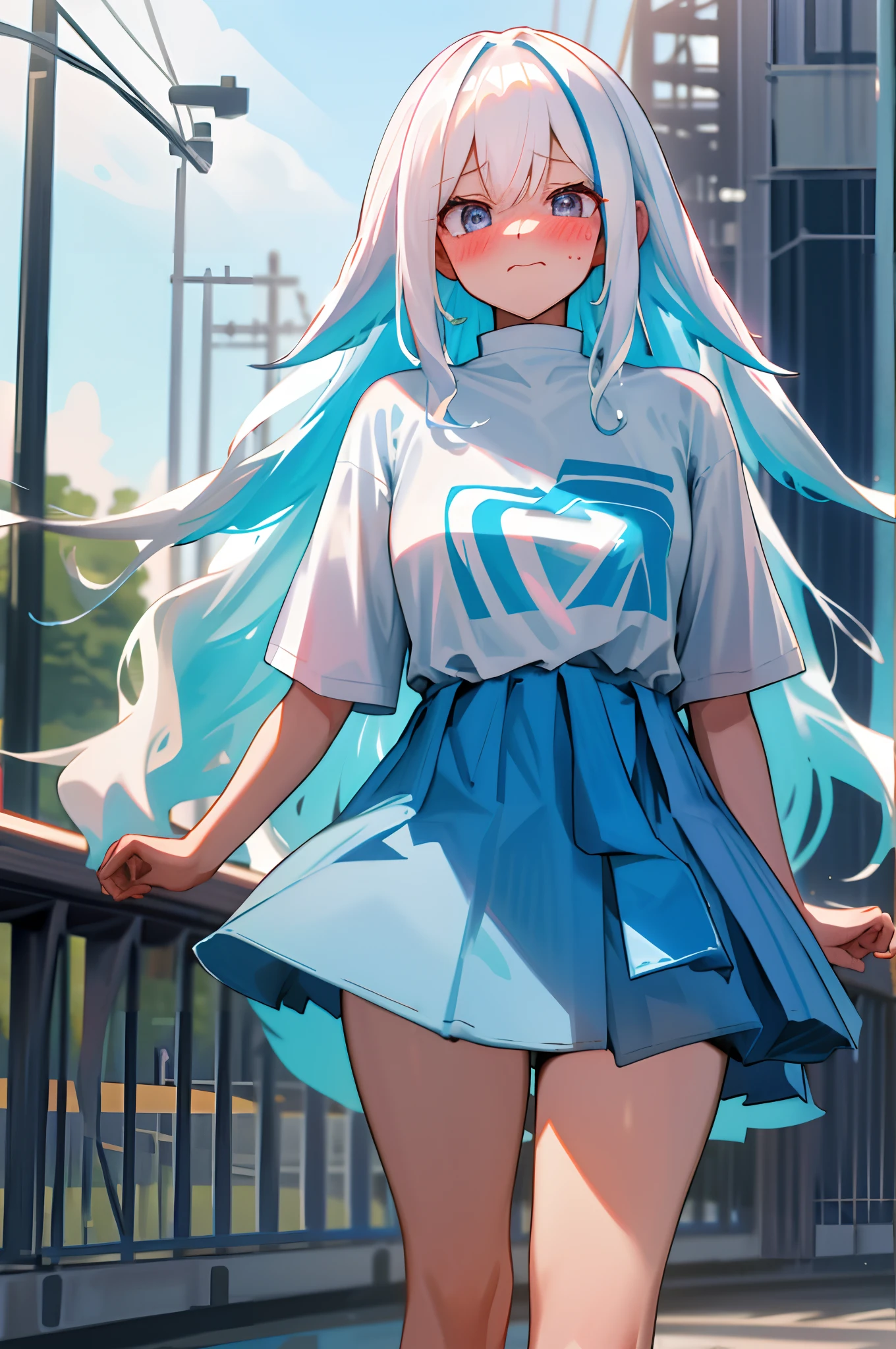 One girl with long wavy hair, white hair, looking at viewer, embarrassed, blushing, tears, outdoor , oversized light blue t shirts, light blue t shirts, white cap, t shirts only, perfect waist, bridge, thigh, standing,