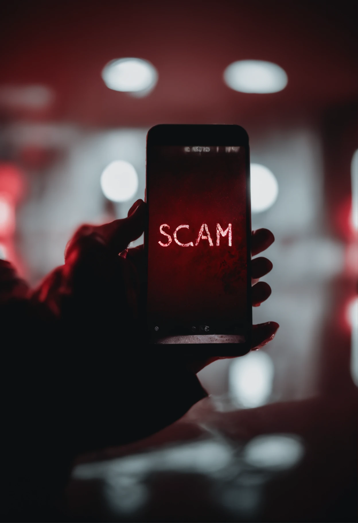 Hand holding a phone covered in blood with the words likely to scam on the screen