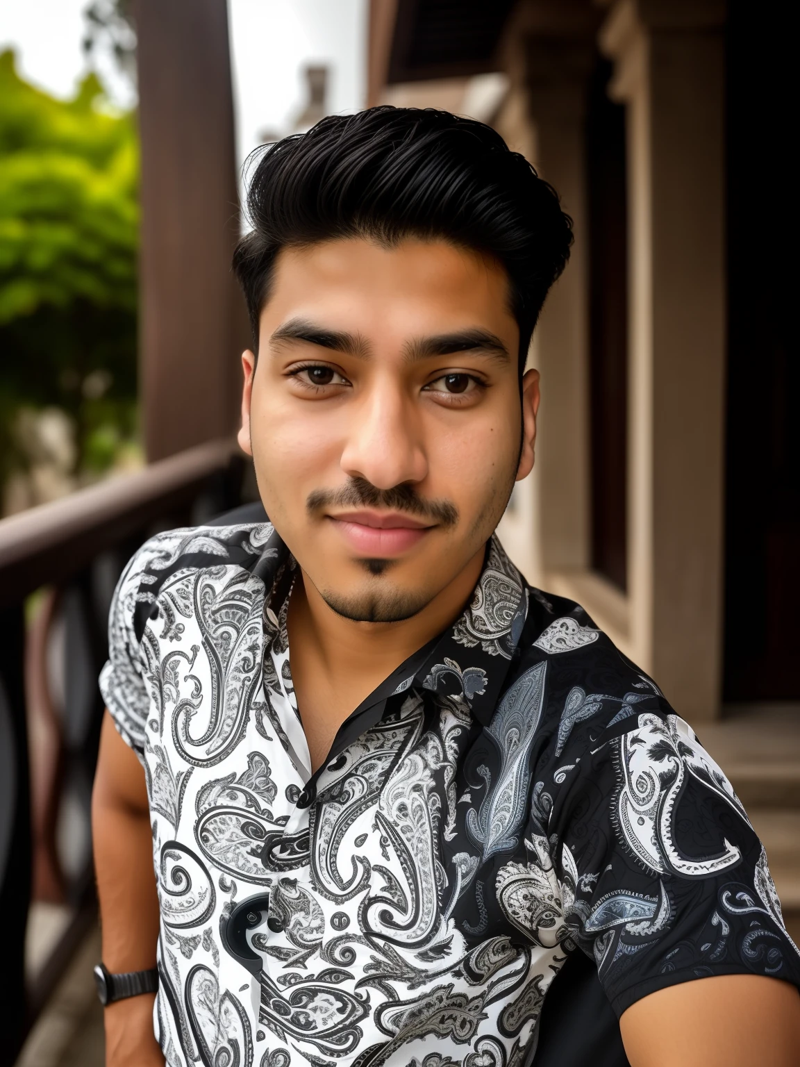 arafed man with a black and white paisley shirt and a watch, with accurate face, face picture, without beard, 8k selfie photograph, very very low quality picture, with kind face, around 1 9 years old, assamese aesthetic, good looking face, facebook profile picture, taken with sony alpha 9, shot on nikon z9, front profile!!!!