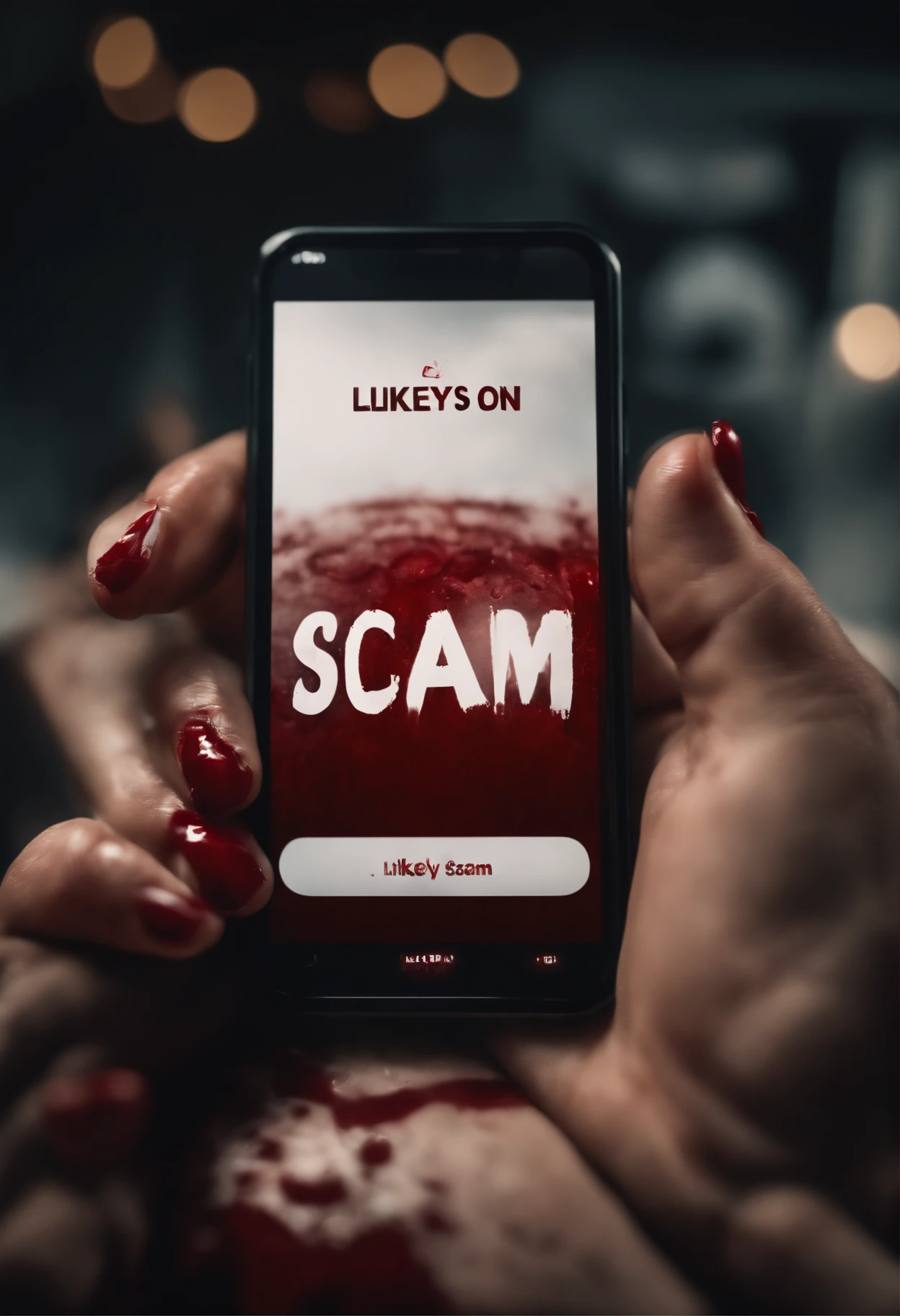 Hand holding a phone covered in blood with the words likely to scam on the screen