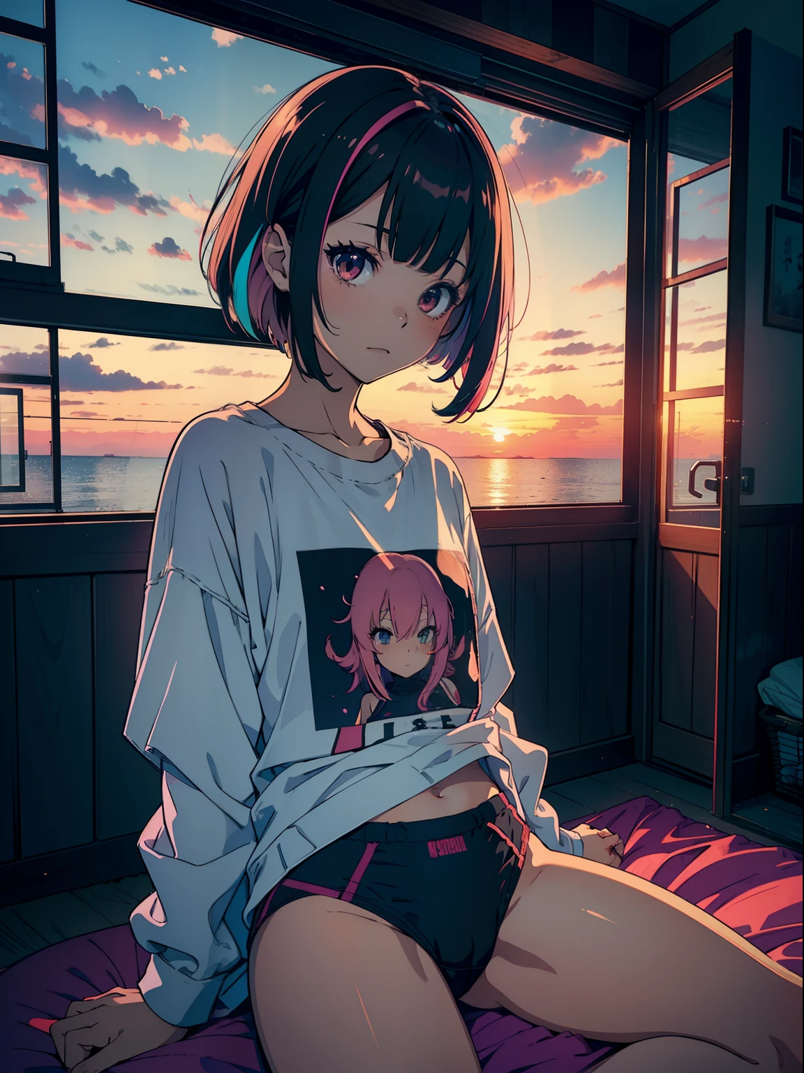 masutepiece, High quality, girl, bobhair, Colorful Highlight Hair, Big clothes, Underwear with a small area, Comfortable clothing, Indoors, Night, Sunset, Dark room, Distracting and messing with something,