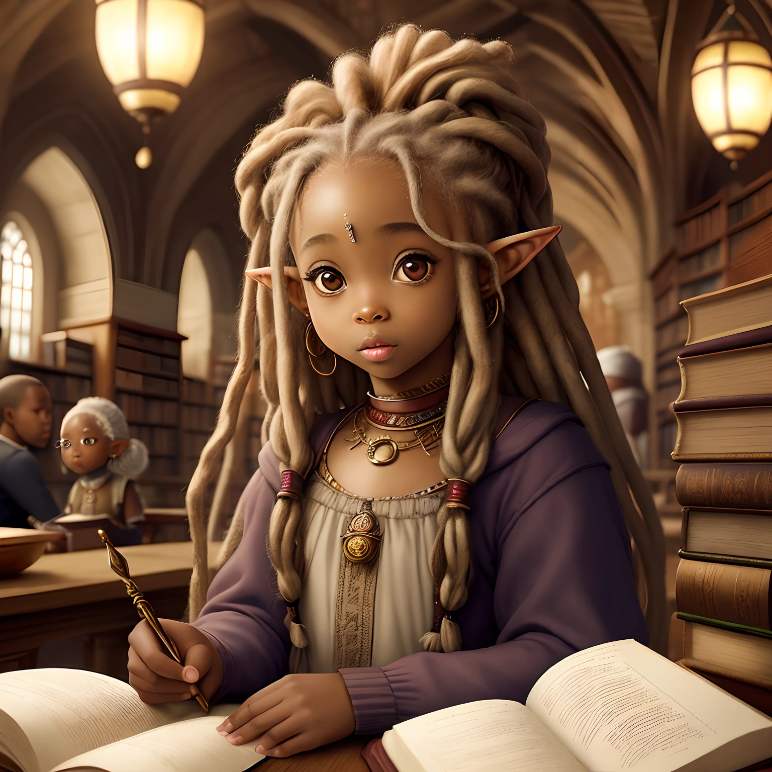 A small petite big eyed child like African American female Elf with dreads in a Fantasy castle library, second woman, Elderly